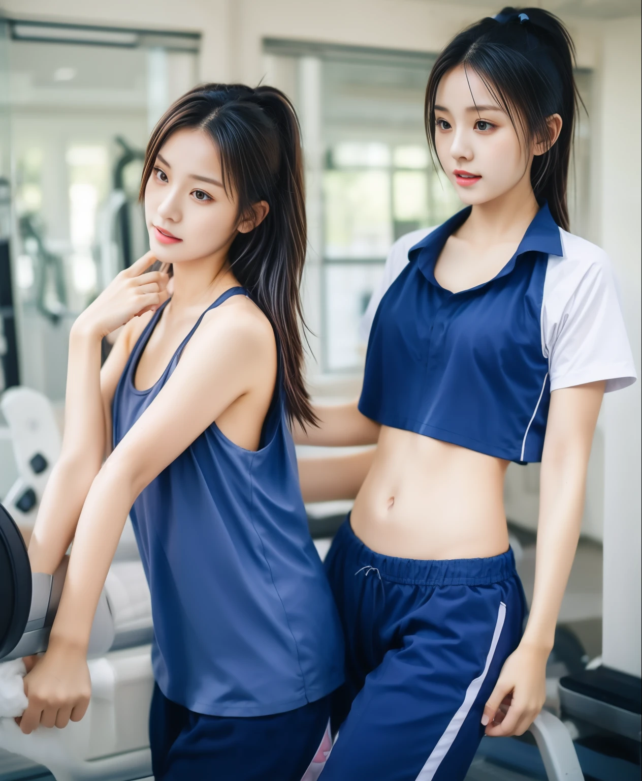 2 girls in fitness center, Blue short-sleeved shirt,Sweatpantsขายาวสีกรมท่า,Sweatpants, Sweatpantsขายาว,25 year old girl, lesbian, sexy, exercise clothes, wet body, exercise clothes