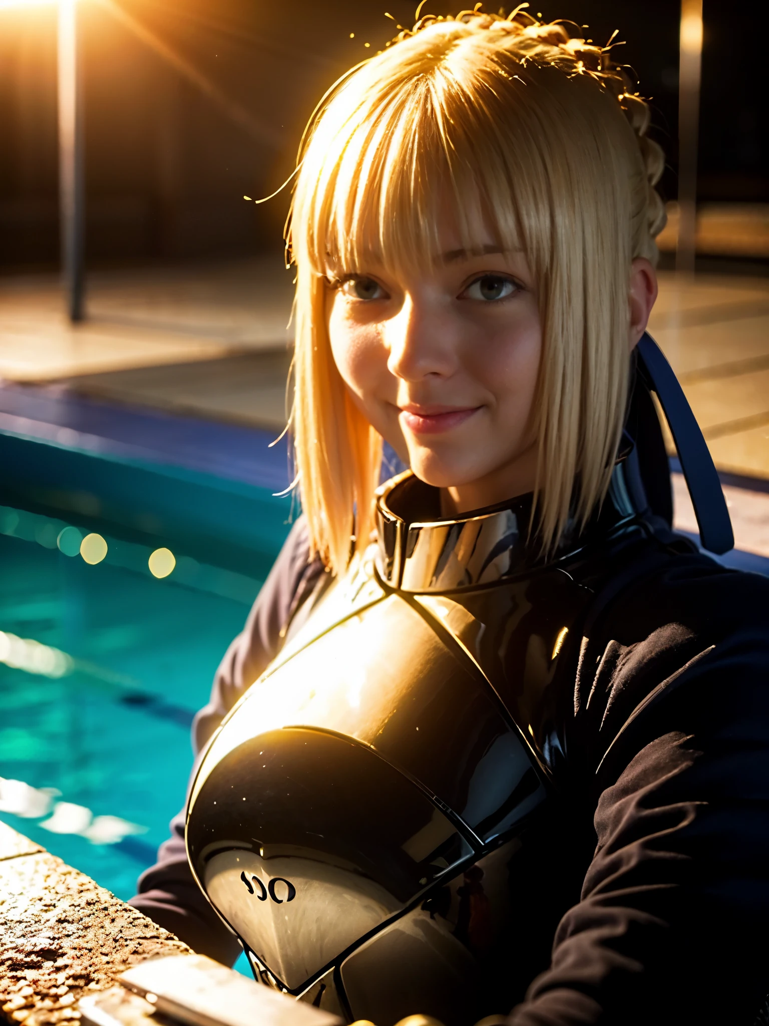 1girl,(((17 years old))),(a blond), (braided single hair bun)), (huge breast:1.5), (((armor))), ((beautiful anime eyes with fine detail)), ((indigo blue ribbon)), (seductive smile:1.3), realistic skin, (intricate details), ((lighting forward)), depth field, ((ultra high resolution, high res)), {highres}, {{very fine 8KCG wallpapers}}, {{very precise detailed}}, ((((masterpiece)))),in sunlight poolside,