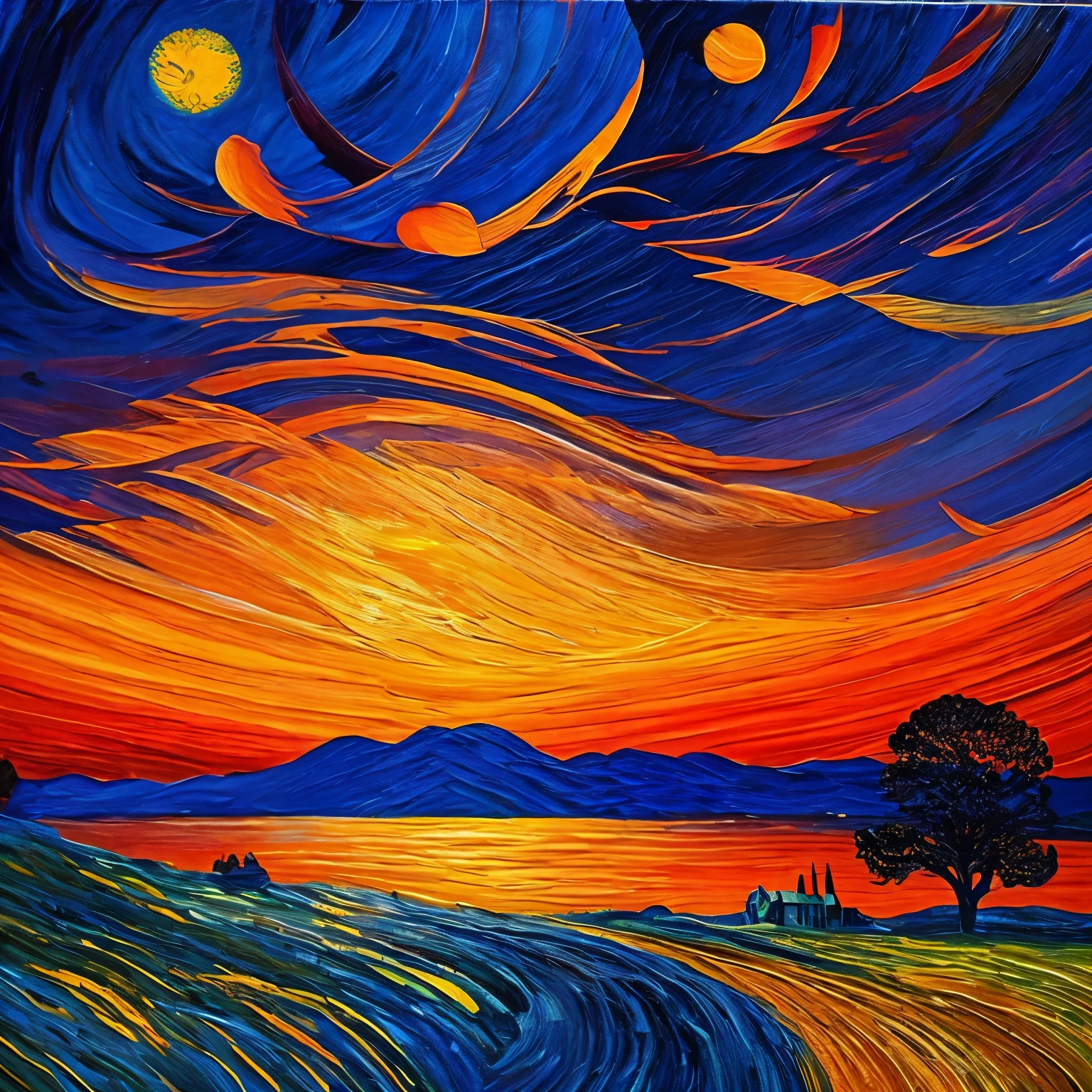 In a world reimagined by Van Gogh&#39;s strokes, Familiar swirls and swirls "starry night" Complete a breathtaking transformation. Instead of the quiet blues and bright yellows that represent the night sky, Vibrant deep orange palette, fiery red, And soft purple paints the canvas. This scene is、Capturing the glorious and fleeting moments of the sunset.

heavenly swirl, Once full of twinkling stars, Embracing the sunset now, That fiery orb slowly descending, dance、Gives off a sparkling glow that blends with the swirl of surrounding colors. Cypress tree, still reaching upwards in their dark silhouettes, Looks like he&#39;s growing even taller, As if trying to hold on to the last remnants of sunlight.

in the town below, warm, Amber light from the sunset bathes the quaint building, cast a long shadow、Turn the town into a golden paradise. church steeple, A sentinel against the once lonely night, now stands outlined by the sun's passionate embrace, Its structure is soft, Almost ethereal quality.

every brush stroke, With its vivid strength, Every day we tell you the artist&#39;s emotional response to this, Still a miraculous sight. This isn&#39;t just a sunset; Van Gogh&#39;s sunset, A masterpiece of swirling warmth, passion, and a fleeting moment, captured forever on canvas.