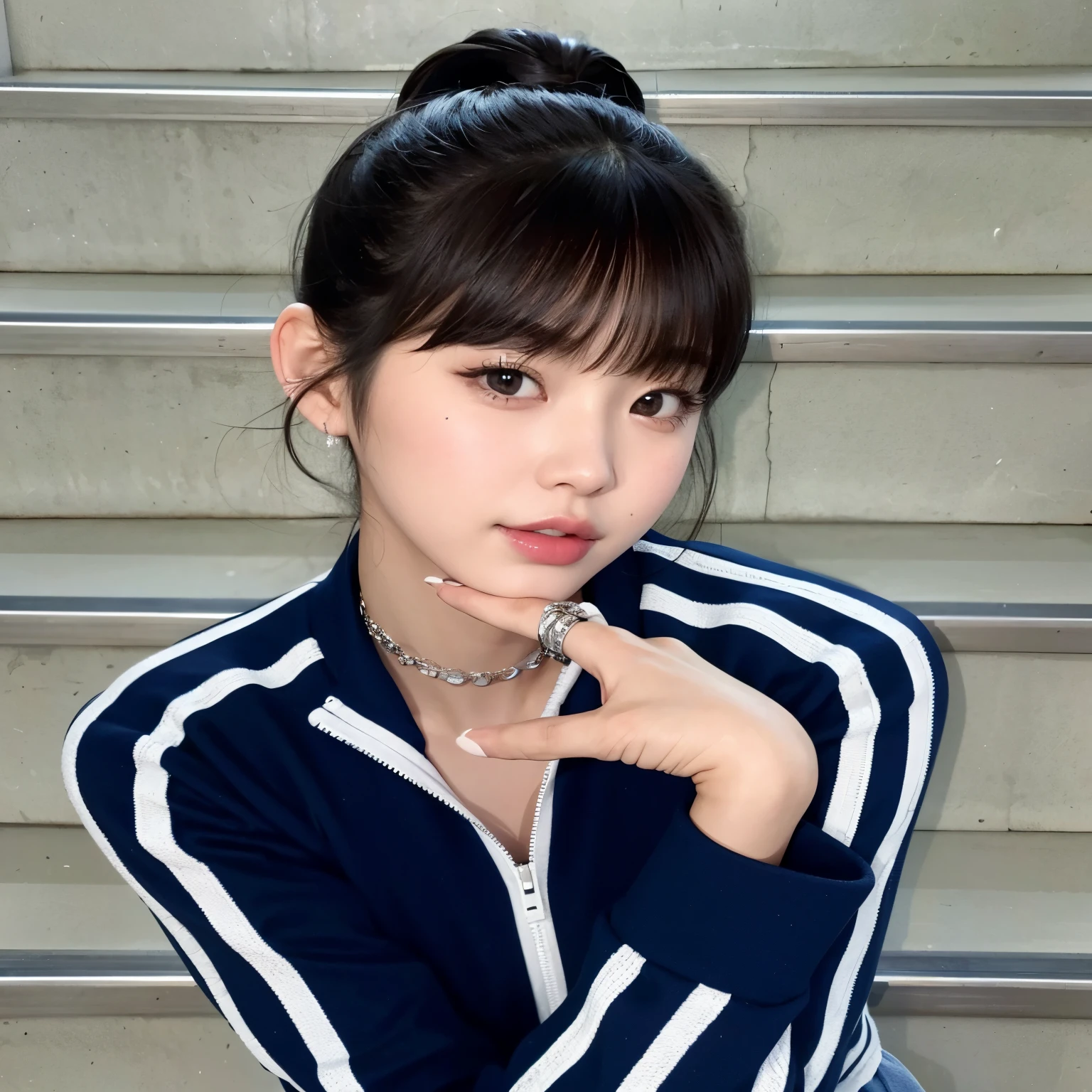 there is a woman that is posing for a picture on the stairs, jang wonyoung, jang wonyoung of ive, portrait of female korean idol, jinyoung shin, park ji-min, jaeyeon nam, ulzzang, with bangs, lee ji - eun, lee ji-eun, bae suzy