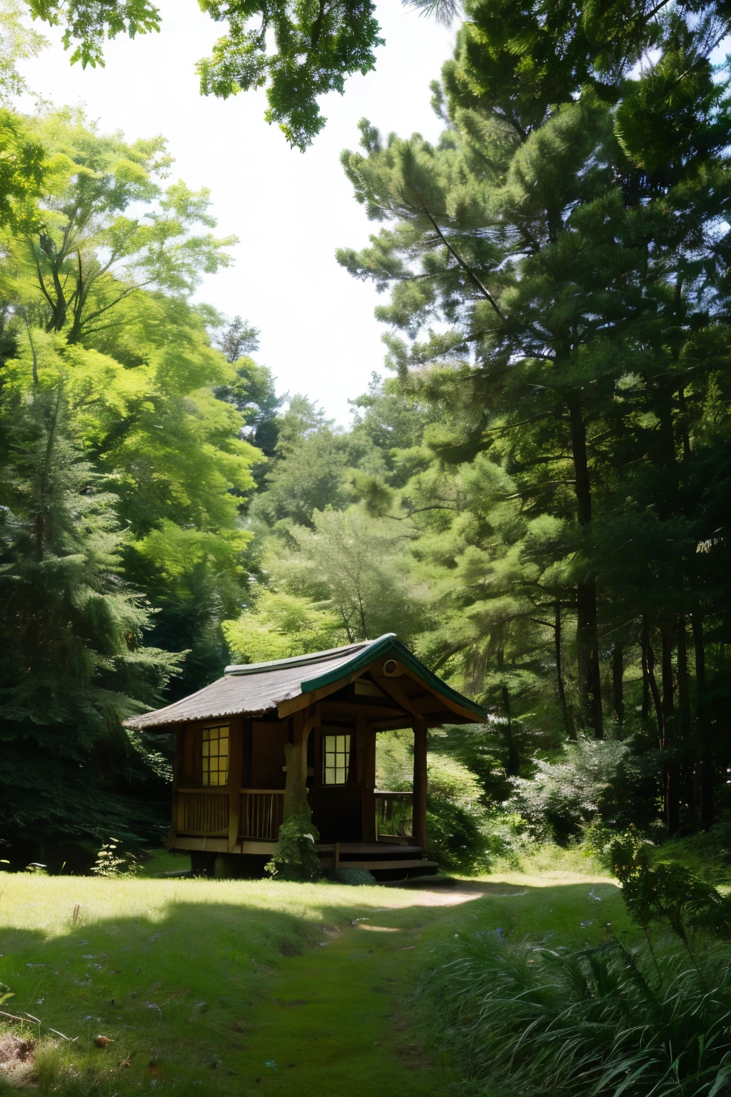 kind, anime background art, clean lines, intricate details, calm, empty, high quality, Ray Tracing Video Games, empty forest, overgrown, grassland, neutral plants, pine wood, lively, wood々is densely packed, leaves fallen on the ground, cute, landscape wallpaper, Deep woods, untouched nature, dark green information hut、outdoor、camp