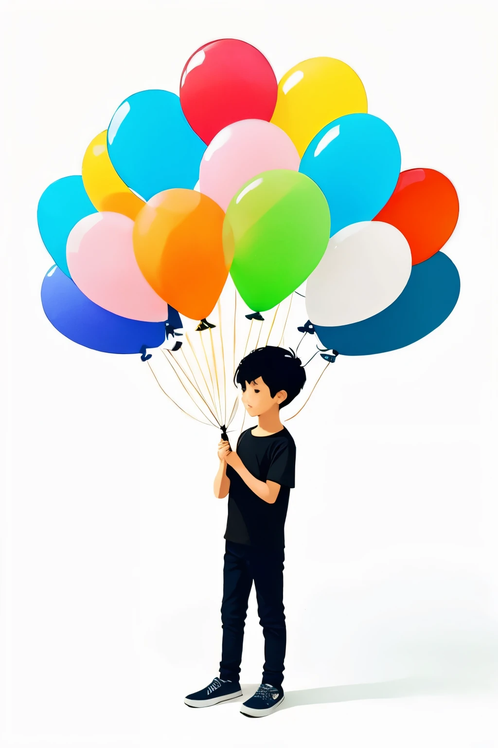 1 boy with balloons，minimalist，Simple drawing，illustration style，Colorful