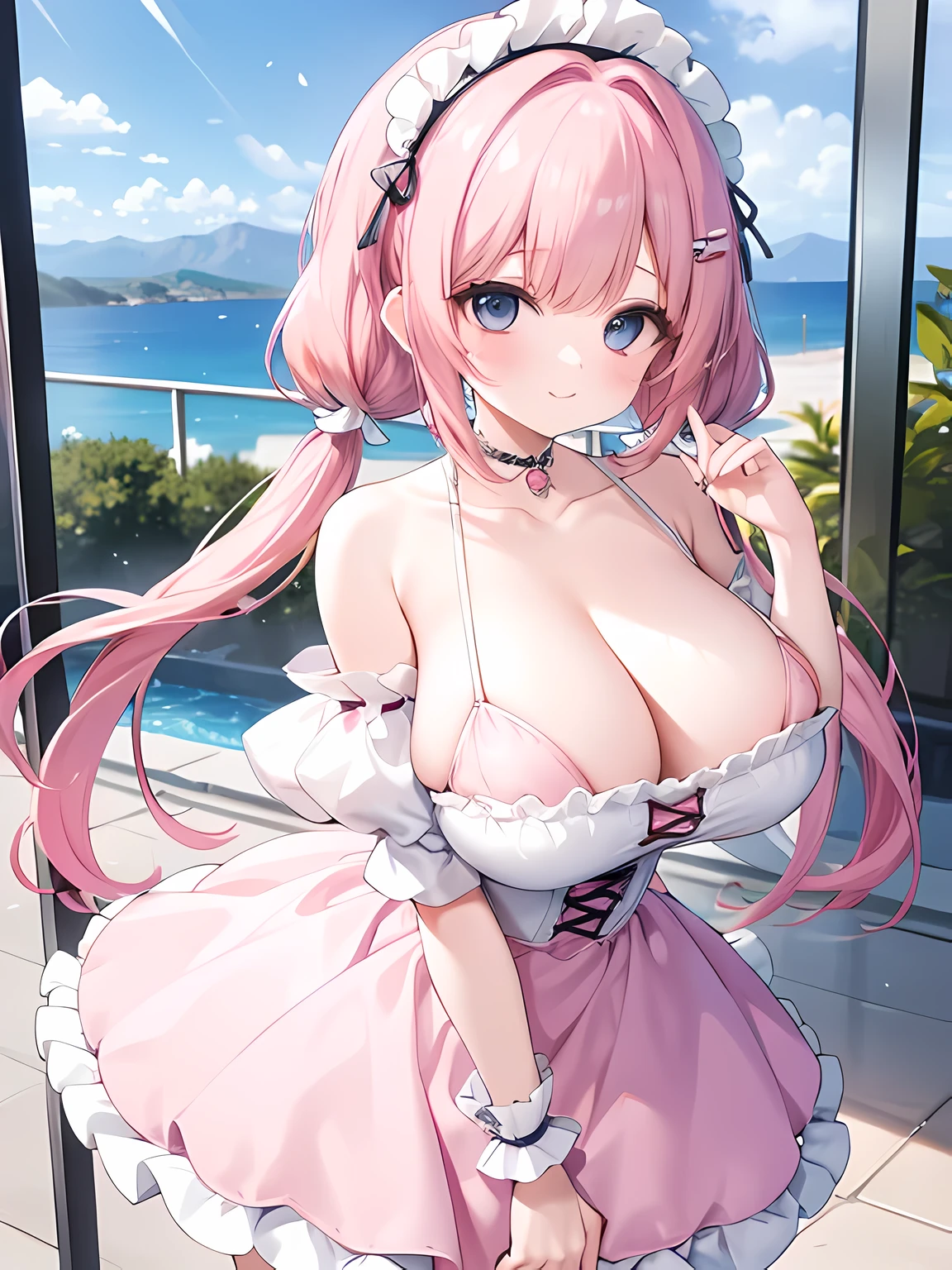 masterpiece,highest quality,(Super detailed),written boundary depth,perfect sentence, Detailed CG,Super detailed,(highly detailed eyes,very cute face,highly detailed face:1.3),beautiful anime girl,(solo girl:1.9),(super huge breasts:1.9),(pink hair,low twin tails:1.5),(light blue eyes:1.3),(smile full of joy:1.3),open your mouth,show viewer,break,(white ruffle dress;1.5),ruffle headdress,Clothes with a wide open chest,off shoulder,removable sleeve,bell sleeve,choker with frills,pink corset,Ruffled Micro Mini Skirt,ruffle hair ribbon,cowboy shot,Are standing,the skirt is fluttering in the wind,spread both hands,break,grassland,blue sky,distant mountain々,petals are dancing