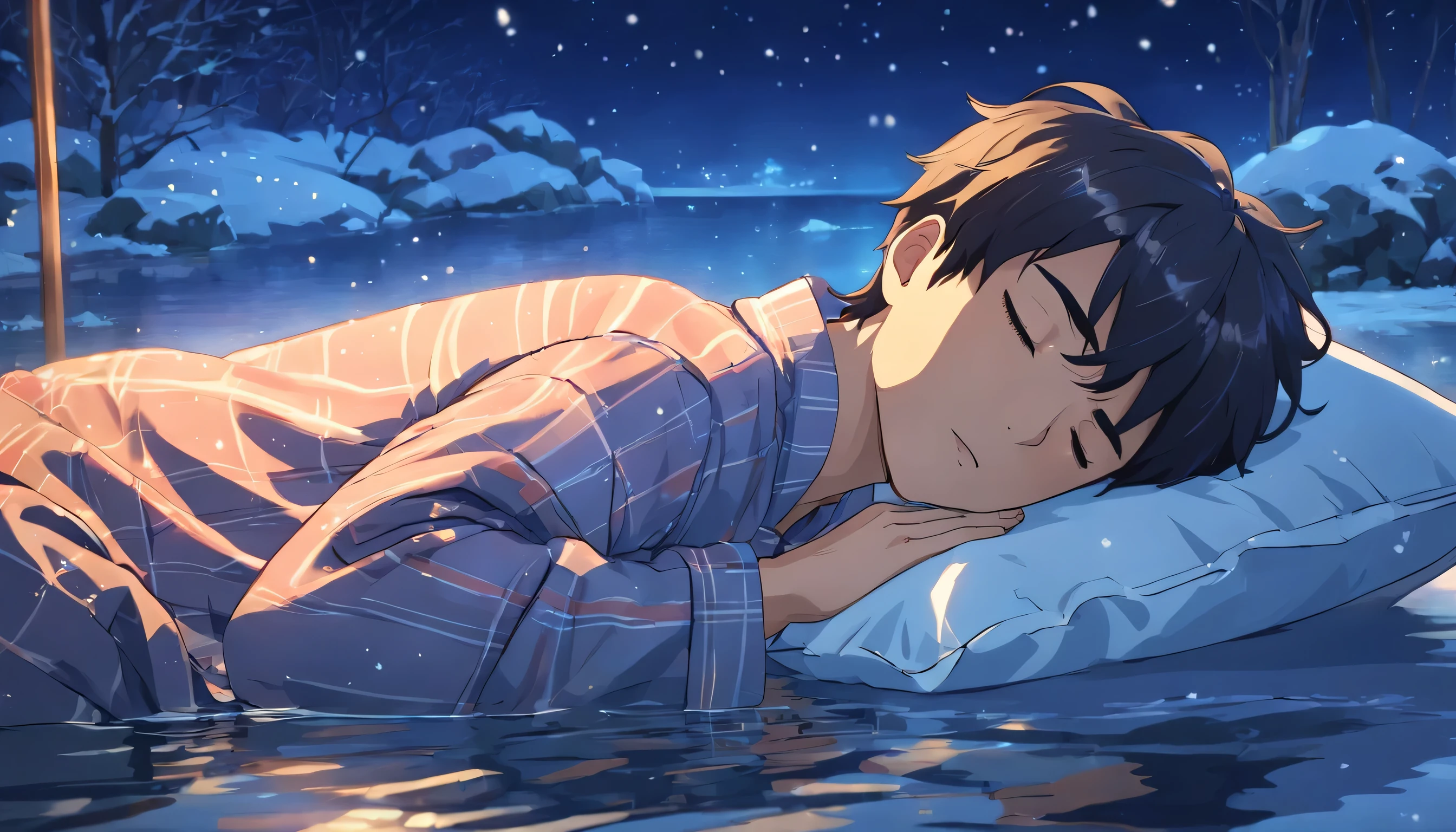 A handsome man in his 20s in pajamas lying on a pillow in the water against the backdrop of a snowy night star is sleeping with his eyes closed, Eyes closed, a snowy day, snowing, shooting, stars, fireflies