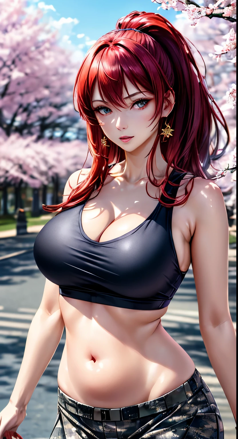 Red eyes with long slit pupils, (highest quality, masterpiece絵画:1.3), mature woman, 26 years old, (half body shot), masterpiece, ultra high resolution, (Photoreal:1.0), bright red hair、straight hair, beautiful shining hair, white and shining skin, ((Ultra realistic details)), octane rendering, highly detailed face,  (big breasts:1.0),(black sleeveless t-shirt, open belly, camouflage military pants,delicate decoration:1.2), open neckline, cleavage, perfect body, soft skin, anime face, perfect face, perfect eyes, looking at the viewer, smart, Under the cherry blossom tree background, church, cherry blossom petals are falling, outdoors,sharp focus, intricate details, professional artwork, (bright colors:1.1), bright colors, diffused lighting, digital blending, ultra-definition body, ultra detail hair, super detailed face, that&#39;It&#39;s trending on pixiv, top button open, compensate, perfect lips, perfect compensate, Ultra-precision coating,glare,