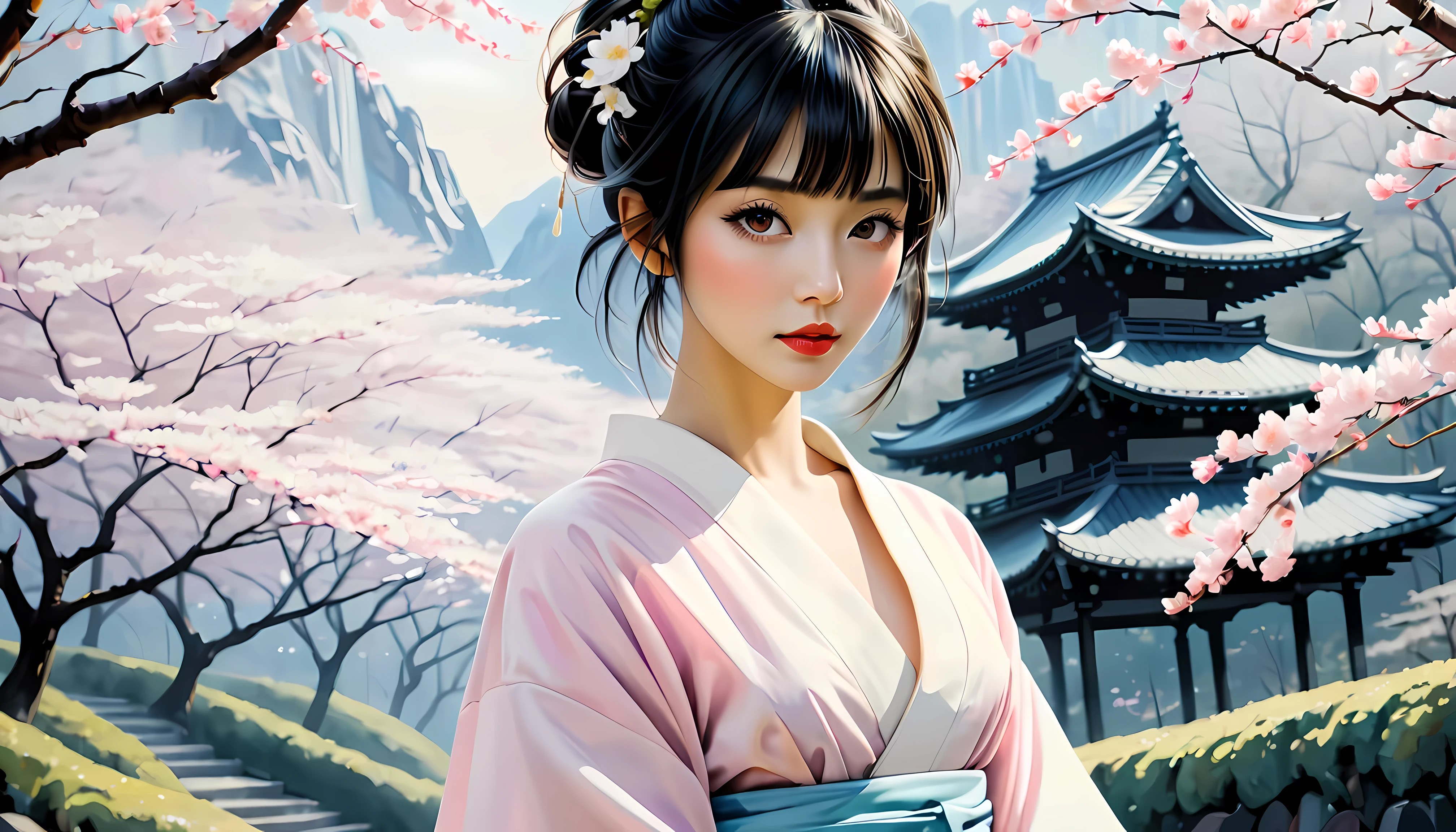 smooth lines; Express expressions and postures through ink contrast, The background is a sakura garden. emphasize light, shadow and space. Drawing of Supermodel Japanese Beauty. Black hair, (messy bangs hairstyle), ((fresh)), golden ratio face, perfect face, (attractive body), (fashion model body), wearing maiden robe, fine art piece, figurative art, Dress neatly. sexy painting, Wallop | (best quality, 4K, 8k, high resolution,masterpiece:1.2), Super detailed,(actual, photoactual, photo-actual:1.37).