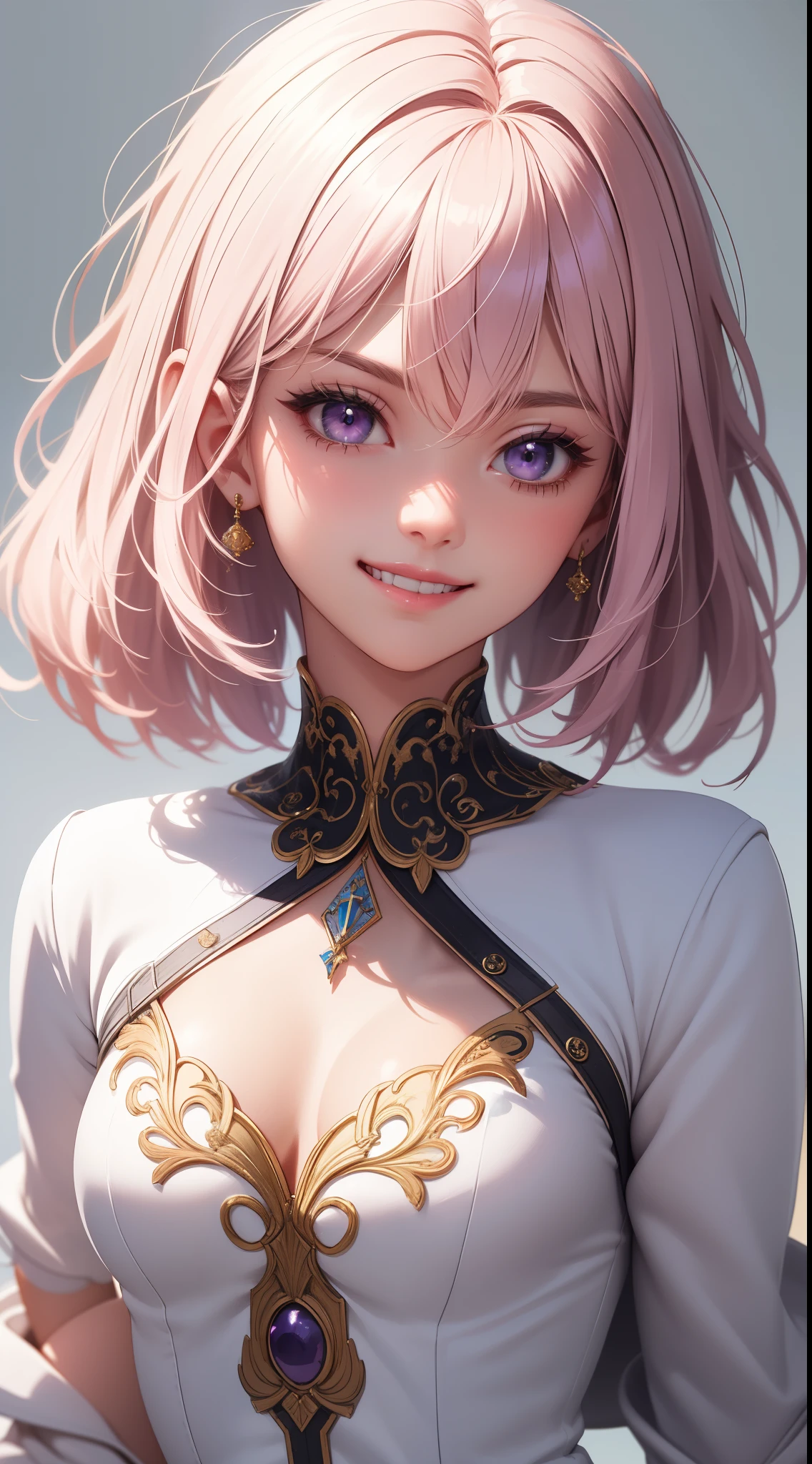 (masterpiece, highest quality), intricate details, thin, ((slim)), beautiful girl, light pink hair, white skin, light purple eyes, sharp jaw line, cropped jacket, messy hair, lips, Upper body, close, grin