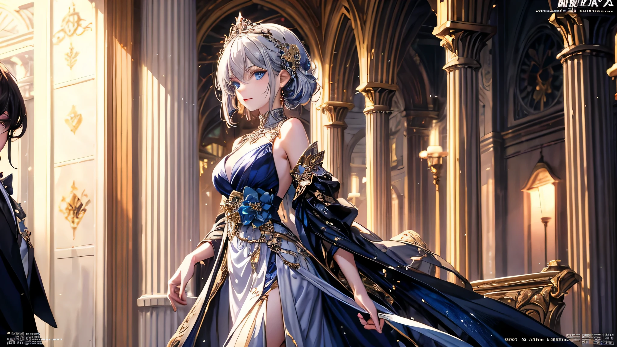 ((Highest quality)), ((masterpiece)), (detailed), (Perfect Face)、She has blue eyes and medium-length silver hair..