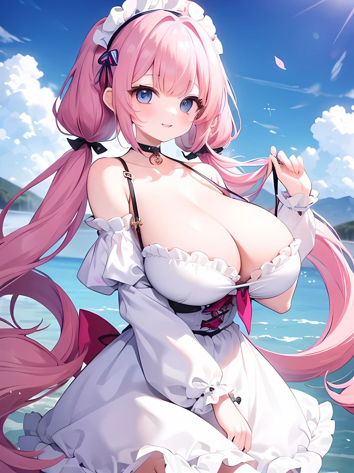 masterpiece,highest quality,(Super detailed),written boundary depth,perfect sentence, Detailed CG,Super detailed,(highly detailed eyes,very cute face,highly detailed face:1.3),beautiful anime girl,(solo girl:1.9),(super huge breasts:1.9),(pink hair,low twin tails:1.5),(light blue eyes:1.3),(smile full of joy:1.3),open your mouth,show viewer,break,(white ruffle dress;1.5),ruffle headdress,Clothes with a wide open chest,off shoulder,removable sleeve,bell sleeve,choker with frills,pink corset,Ruffled Micro Mini Skirt,ruffle hair ribbon,cowboy shot,Are standing,spread both hands,break,grassland,blue sky,distant mountain々,petals are dancing