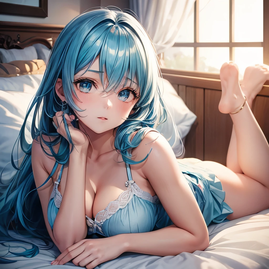 1girl, bluenette hair, light blue hair, next door girl, sleepy, lazy, bed, laying in bed, relaxing, lazy day