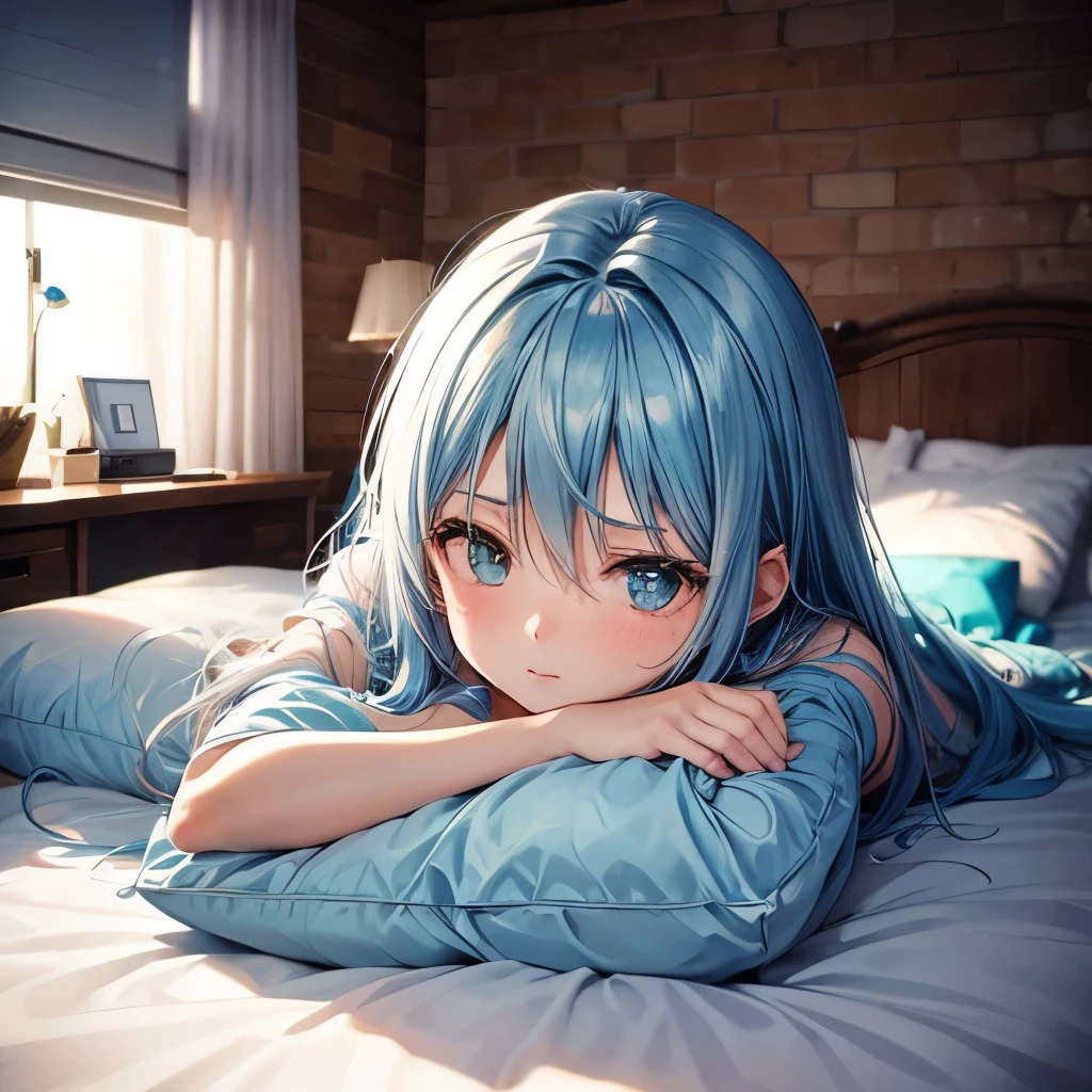 1girl, bluenette hair, light blue hair, next door girl, sleepy, lazy, bed, laying in bed, relaxing, lazy day 