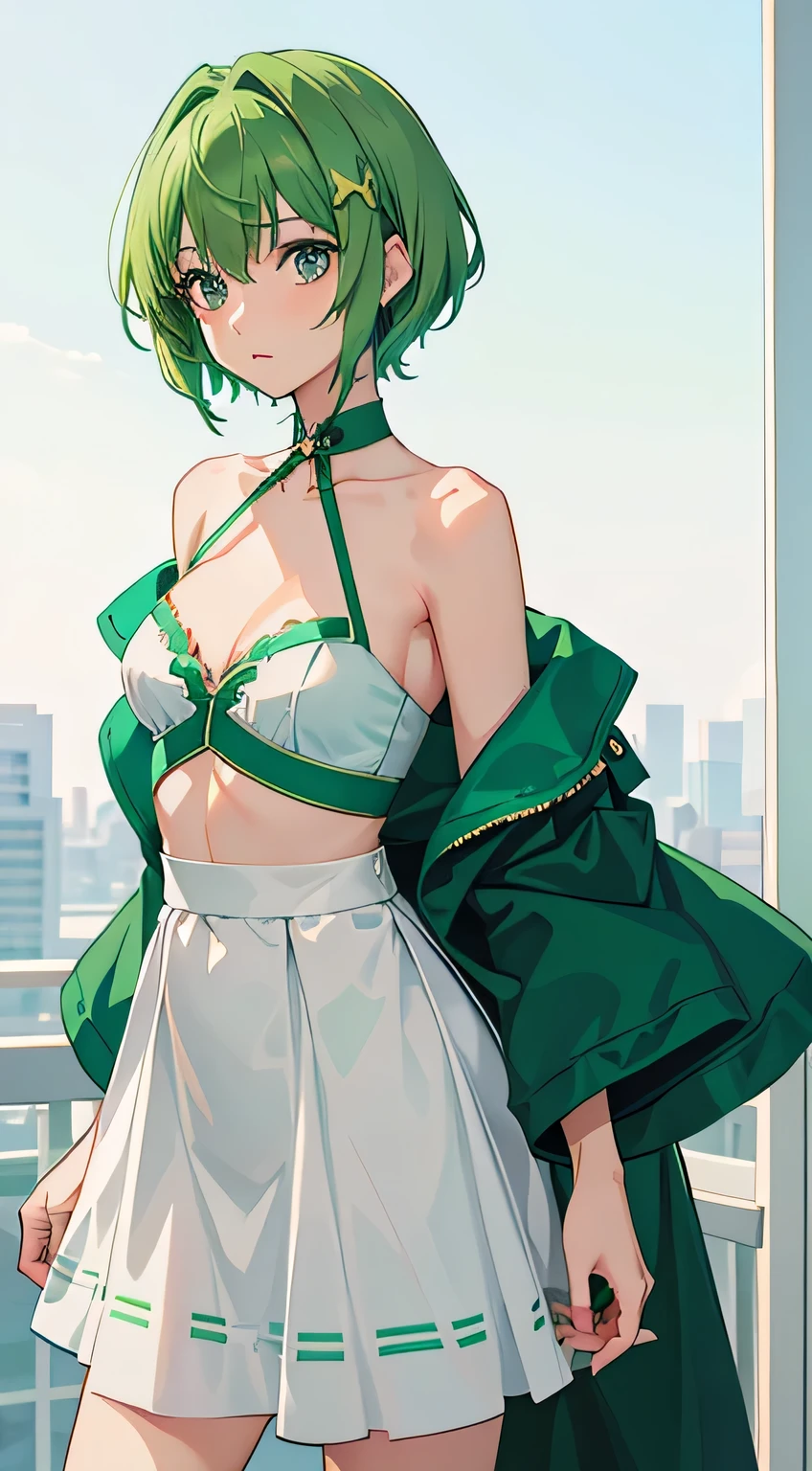 green hair,short and thin hair,bit girl,,look around,young,blue colored eyes,shoulder,clavicle,close,cleavage,(white skirt), Macross Frontier,Lankally, anime moe art style, High quality anime art style