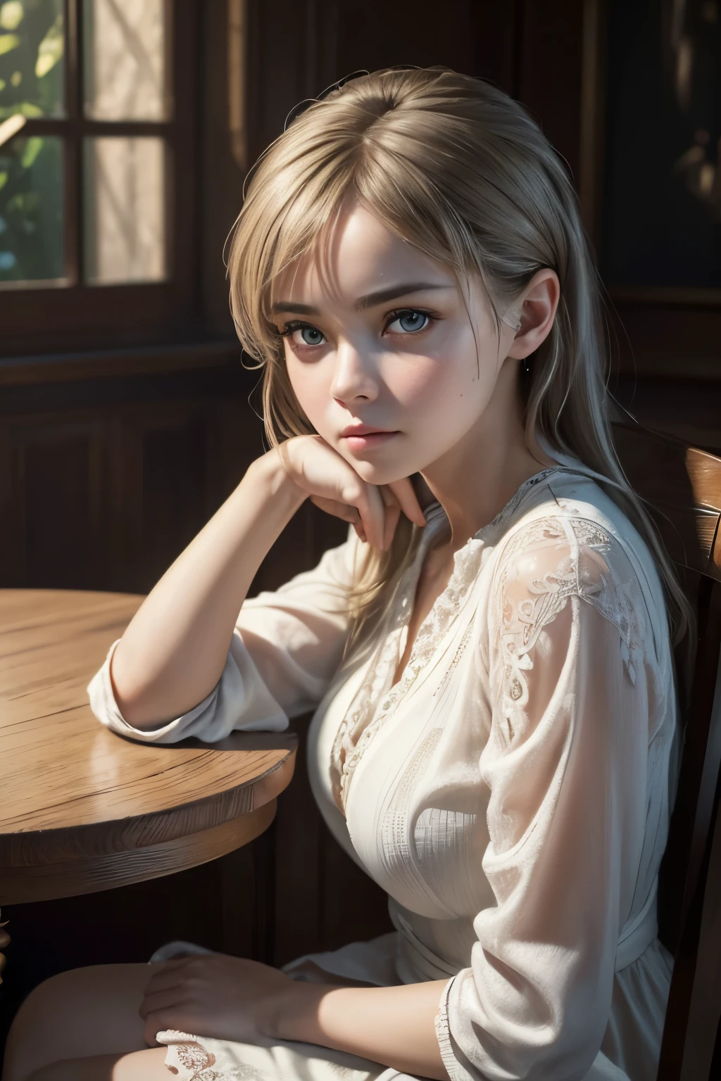(best quality,4k,8k,highres,masterpiece:1.2),ultra-detailed,(realistic,photorealistic,photo-realistic:1.37),Sad looking girl with large eyes sitting at a chair and table, highly detailed, Intricate, ultra-fine painting,physically-based rendering, professional,vivid colors, bokeh, portraits, Silverpoint