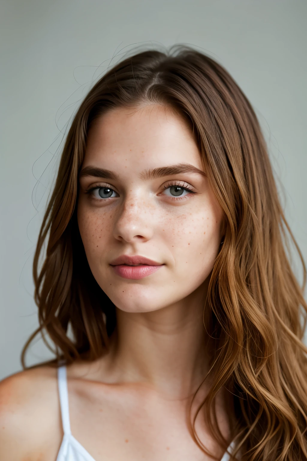 A gorgeous brunette curly haired girl with pale skin freckles and honey eyes supermodel