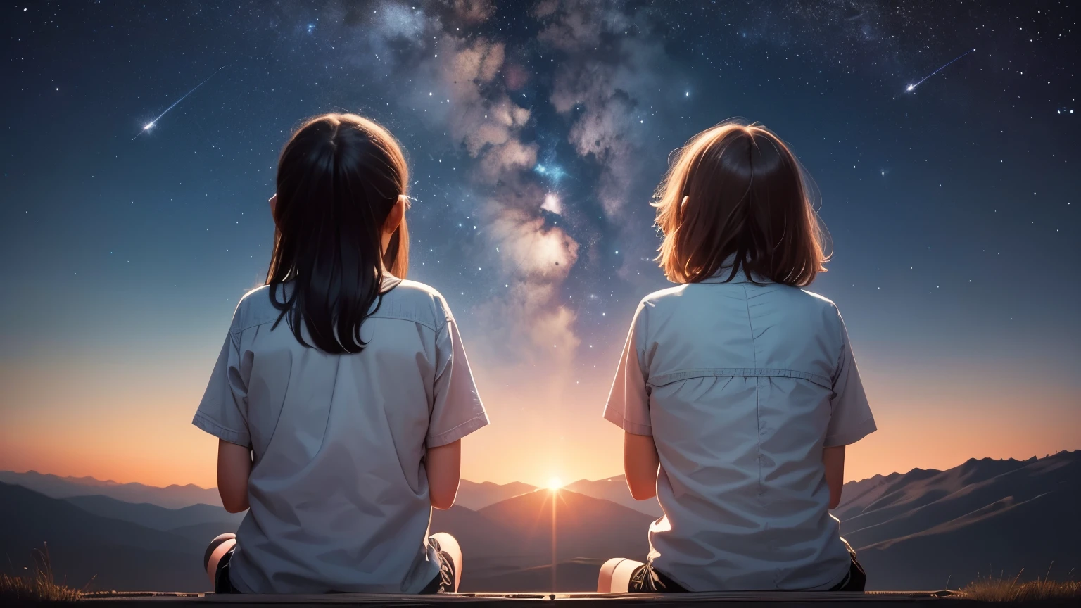Photo of two girls' backs, 12 and 8 years old, look up at the sky, Request a passing shooting star.