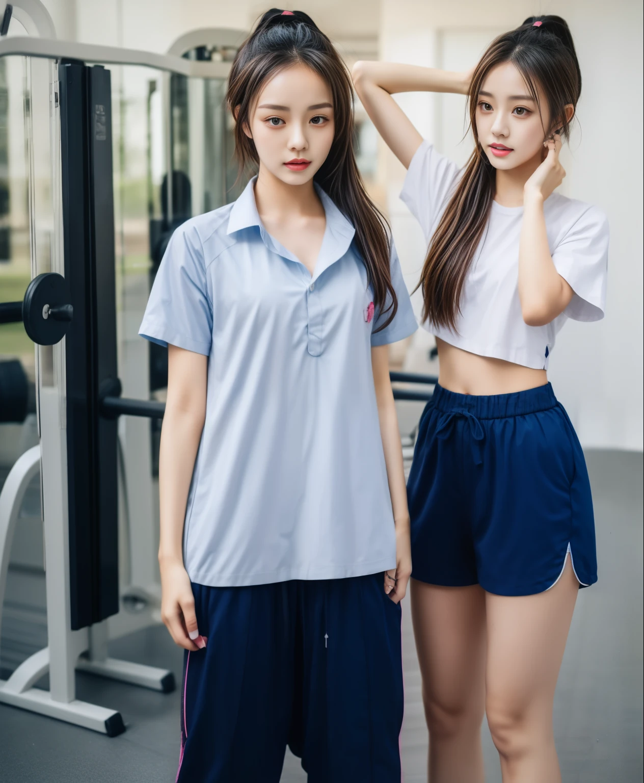 2 girls in fitness center, Blue short-sleeved shirt,Sweatpantsยาวสีกรมท่า,Sweatpants, Sweatpantsยาว,25 year old girl, lesbian, sexy, exercise clothes, wet body, exercise clothes