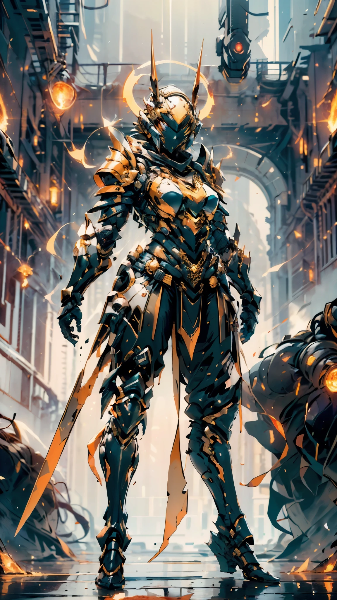 A woman adorned in fantasy-style full-body armor, a crown-concept fully enclosed helmet that unveils only her eyes, a composite layered chest plate, fully encompassing shoulder and hand guards, a lightweight waist armor, form-fitting shin guards, the overall design is heavy-duty yet flexible, ((the armor gleams with a golden glow, complemented by red and blue accents)), exhibiting a noble aura, she floats above a fantasy-surreal high-tech city, this character embodies a finely crafted fantasy-surreal style armored hero in anime style, exquisite and mature manga art style, (Queen bee mixed with Spider concept Armor, plasma, blood), ((Element, energy, elegant, goddess, femminine:1.5)), metallic, high definition, best quality, highres, ultra-detailed, ultra-fine painting, extremely delicate, professional, anatomically correct, symmetrical face, extremely detailed eyes and face, high quality eyes, creativity, RAW photo, UHD, 32k, Natural light, cinematic lighting, masterpiece-anatomy-perfect, masterpiece:1.5