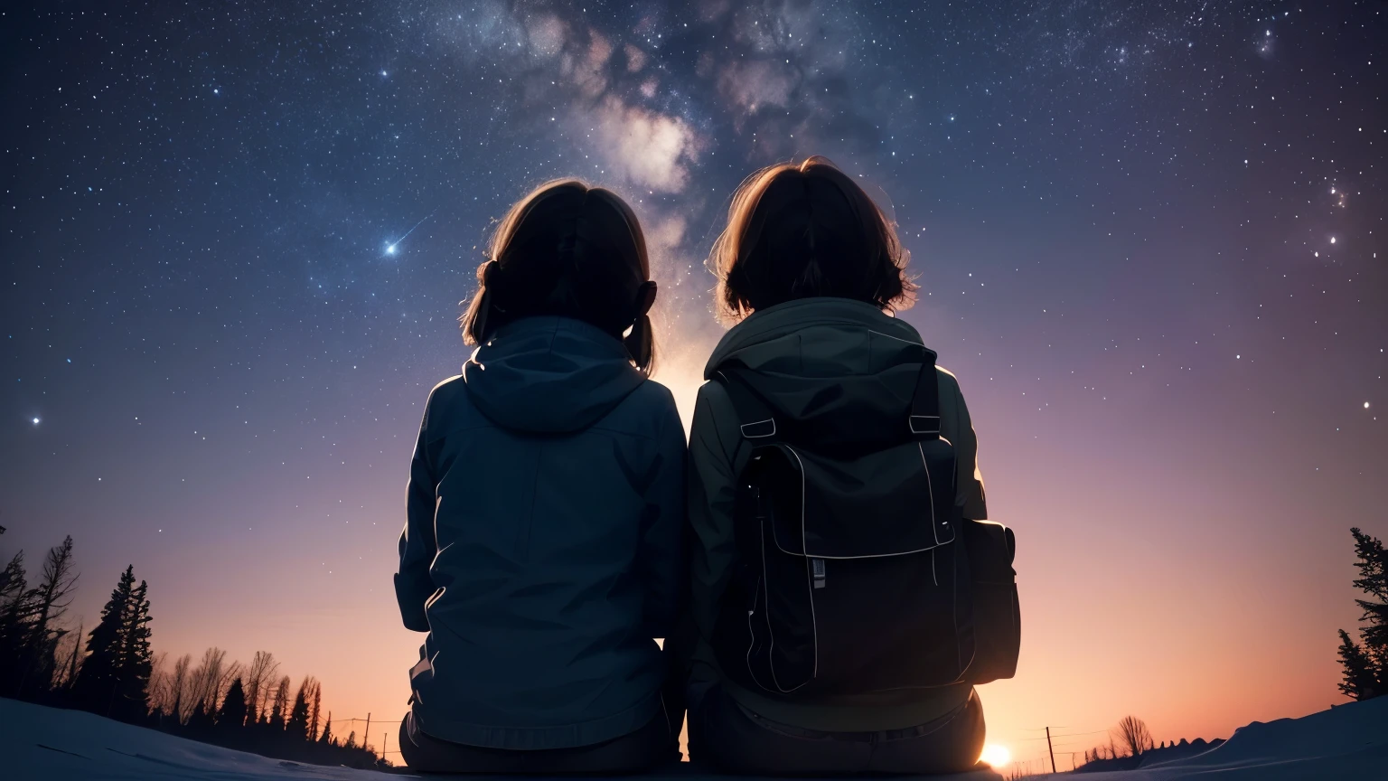 Photo of two girls' backs, and 8 yelook up at the sky, Request a passing shooting star.