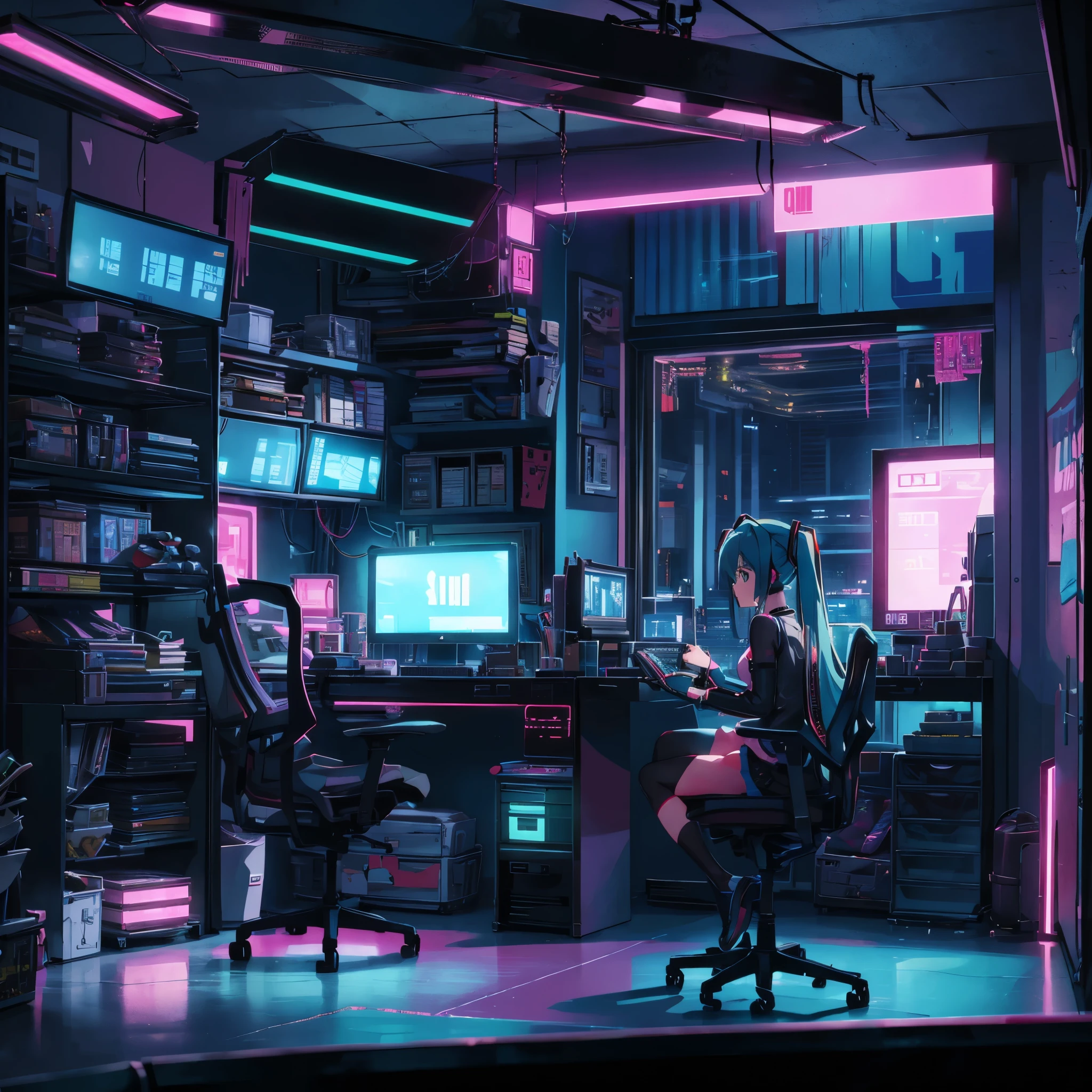 Cyberpunk style cluttered room. more neon. Many machines with unknown uses. Large windows with an open feel. It's sunny outside. Hatsune Miku is sitting on the chair..