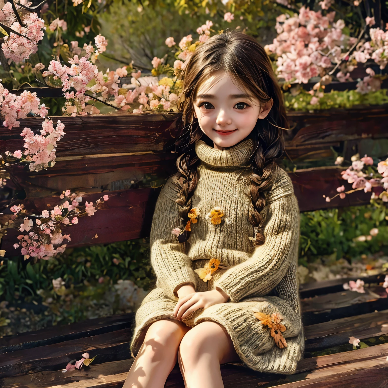 (masterpiece, best quality:1.2),knitted doll，smiley face，riverside，under the cherry blossom tree，Cherry blossoms all over the ground，Sakura petals flying background，Sakura petals are floating in the air，depth of field，backlight，Light particles flutter，Light effect，8k