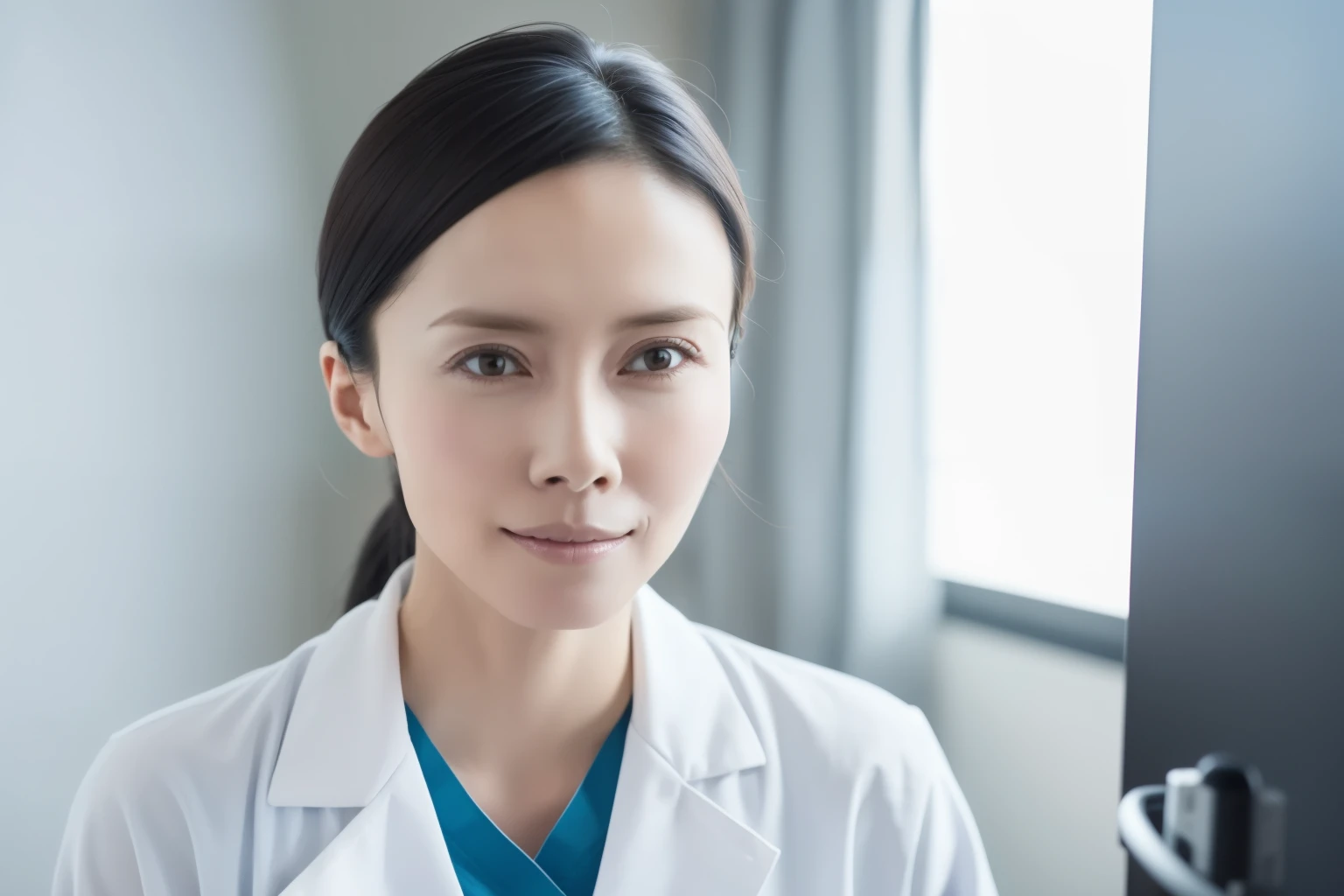 (RAW photo, highest quality),masterpiece, Natural light, 1 girl, wear a lab coat over a scrub, Hospital examination room, Stethoscope,face close-up