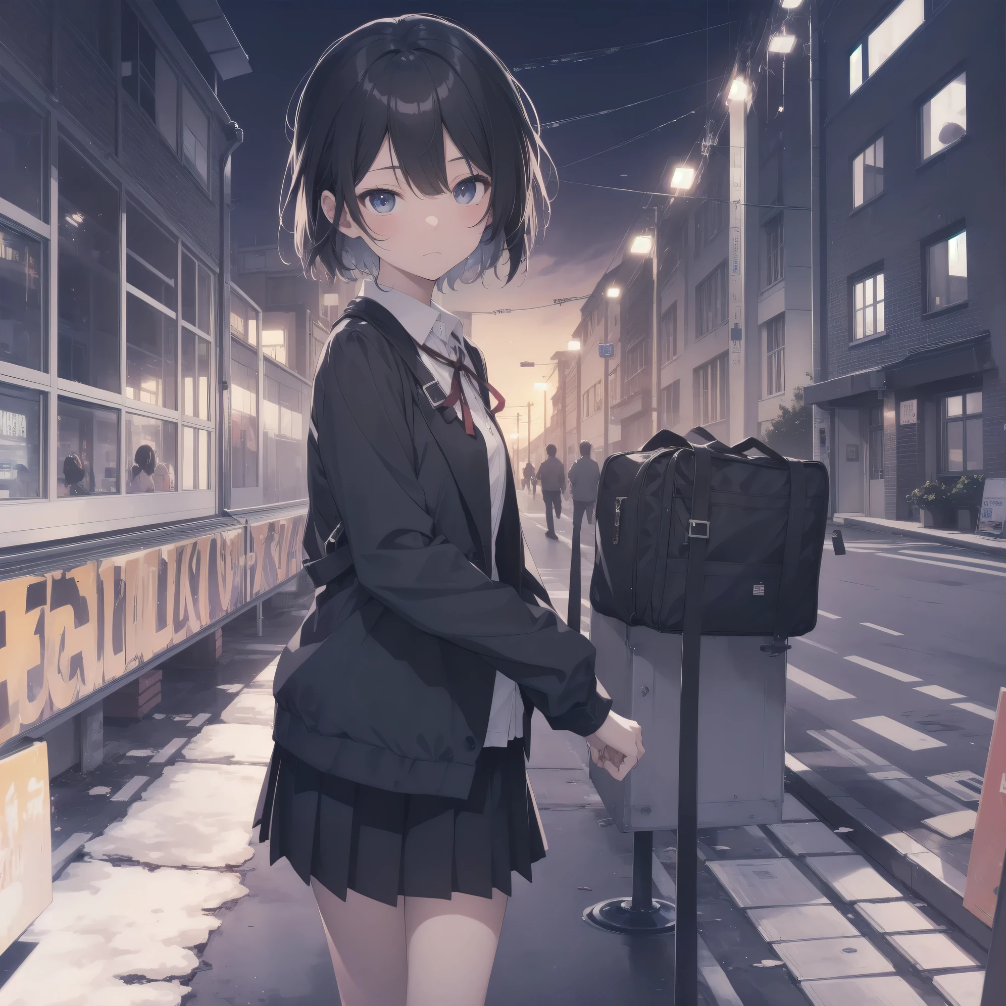 Super absurd quality by the god of art, super detailed, High resolution, anime moe art style, Best Anime 8K Kona-chan Wallpaper, pixiv contest winner, perfect anatomy, break,(眠そうにalone学校へ行く女の子を描いてください. )break,1 girl, (alone,little woman, baby face, :1.3),All limbs, full finger,, The charm of an immature body, (very short hair), bangs, flat chest, Small Bodysuits, small ass, between legs, small black eyes, detailed and beautiful eyes, Well-proportioned iris and pupils, expressive eyes, sleepy eyes, High resolutionの詳細な髪, ribbon, neck ribbon, skirt, collared shirt, pleated skirt, school uniform, school bag,(detailed lighting), (detailed background), On the way to school. break,super dense skin, Best movie lighting by famous artists, 8k,cute illustration,photoshop_(Moderate),Absurd Hi-Res,Hmm,rough skin