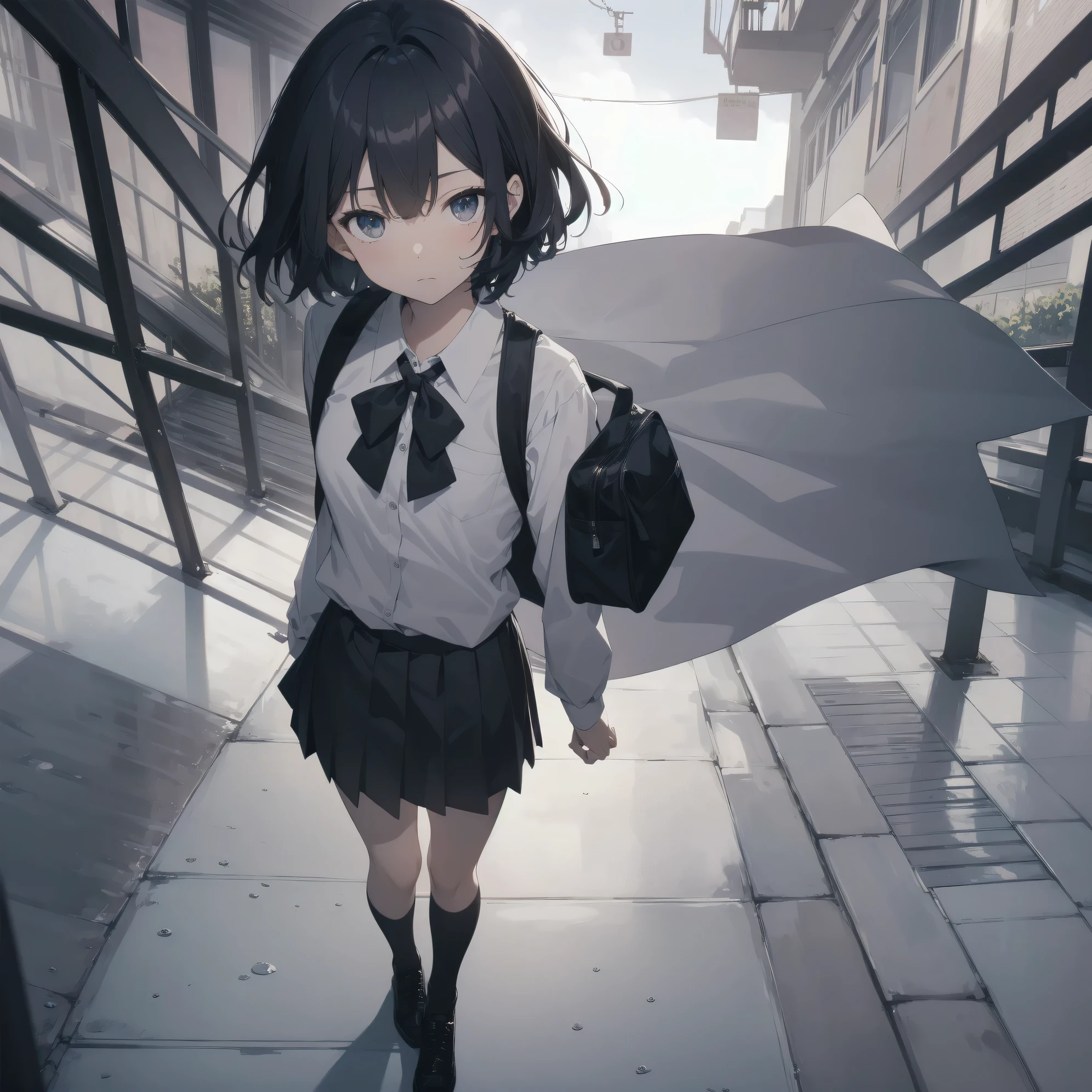 Super absurd quality by the god of art, super detailed, High resolution, anime moe art style, Best Anime 8K Kona-chan Wallpaper, pixiv contest winner, perfect anatomy, break,(眠そうにalone学校へ行く女の子を描いてください. )break,1 girl, (alone,little woman, baby face, 13 years old:1.3),All limbs, full finger,, The charm of an immature body, (very short hair), bangs, flat chest, Small Bodysuits, small ass, between legs, small black eyes, detailed and beautiful eyes, Well-proportioned iris and pupils, expressive eyes, sleepy eyes, High resolutionの詳細な髪, ribbon, neck ribbon, skirt, collared shirt, pleated skirt, school uniform, school bag,(detailed lighting), (detailed background), On the way to school. break,super dense skin, Best movie lighting by famous artists, 8k,cute illustration,photoshop_(Moderate),Absurd Hi-Res,Hmm,rough skin