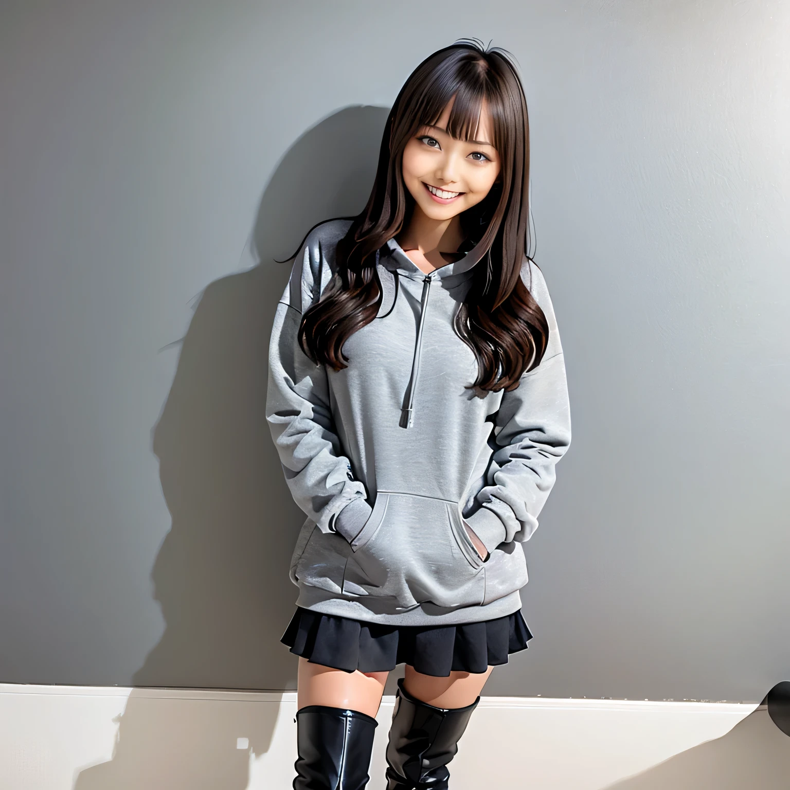 18 year old female wearing gray sweatshirt and black knee-high boots., Chiho, sakimichan, wearing casual clothes, Twitter, 8k)), korean girl, profile photo, shy smile, Young and cute gravure idol, cute cute girl, shy smile, Ulzzang, cute core