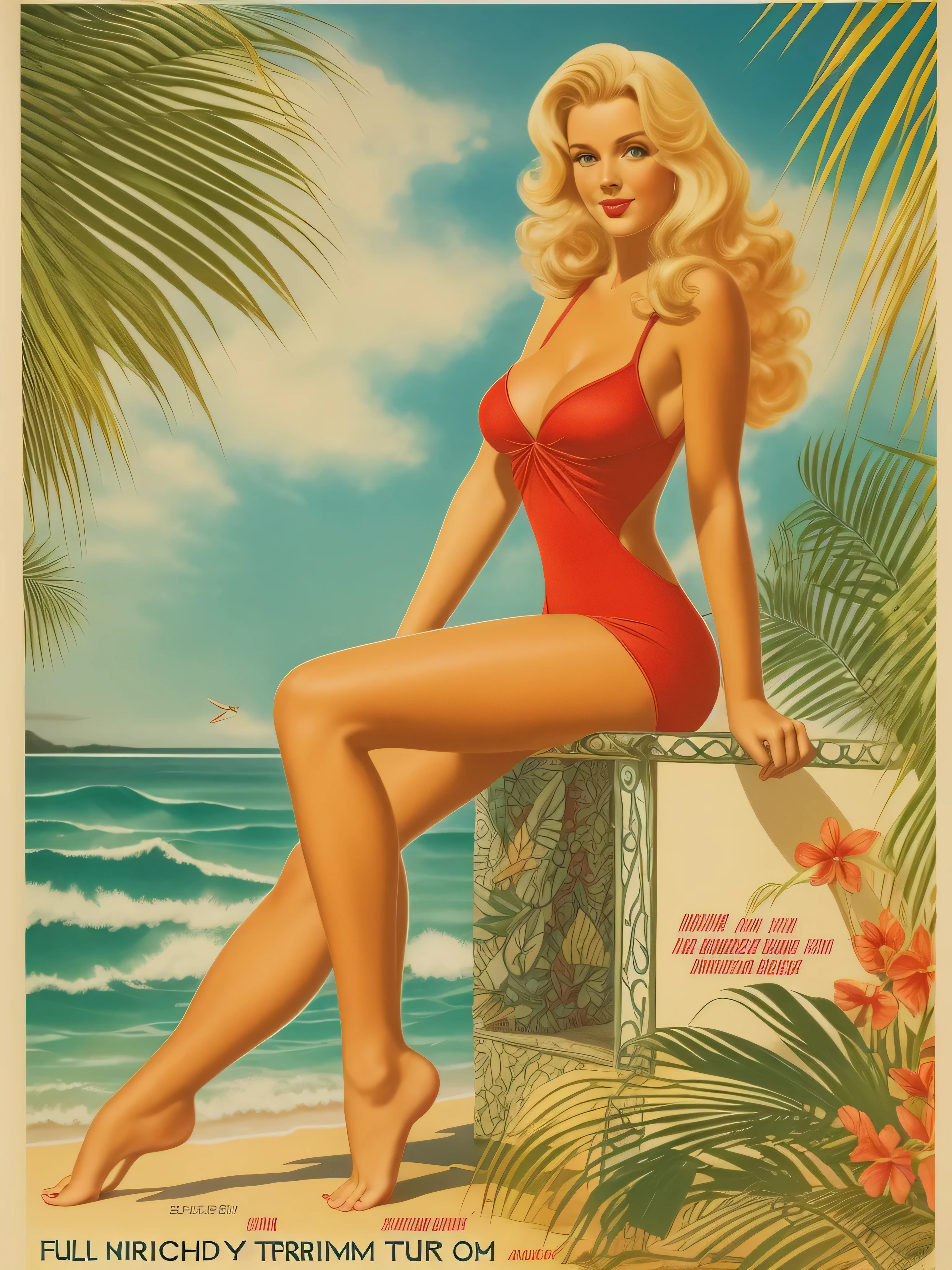 full body Pin-up girl very blonde long hair blue eyes red lips big breast red one-piece low-cut tight swimsuit tropical beach 1970 movie poster style