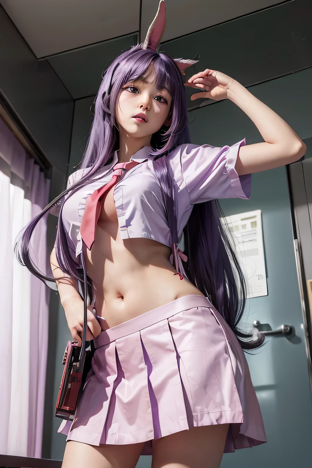 best quality、Raw photo (((18 year old female)))、1 girl、(((Inaba Udongein Reisen)))、(((touhou project)))、(See here)、(((looking at viewer)))、(((purple hair)))、(((bangs)))、(((long hair)))、(((rabbit ears)))、(((White collar)))、(((red tie)))、(((belly button)))、(((pink skirt)))、BREAK、(((gun)))、(((hospital)))