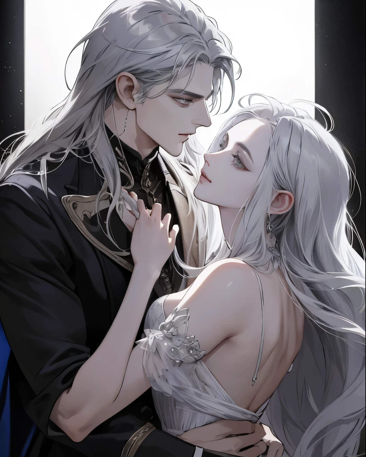 masterpiece, Superb Fashion, (Fashion Costume), (illustration), (2 people), Handsome Young Couple, (grindhouse style), Fashion, silver hair, (long hair), (messy hair), (White skin), (dark circles), Handsome, dance steps, trend, dark gray,, close up, (grand background), (chiaroscuro)), Exquisite facial details, facial details, light, (depth of field), ultra high definition, (Upper body), black background，Man looking at woman affectionately