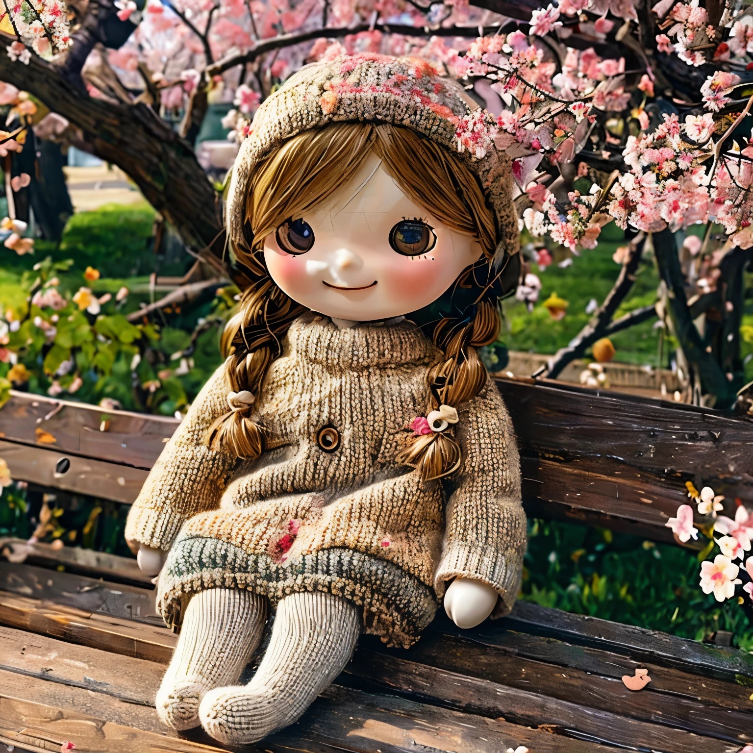 (masterpiece, best quality:1.2),knitted doll，smiley face，riverside，under the cherry blossom tree，Cherry blossoms all over the ground，Sakura petals flying background，Sakura petals are floating in the air，depth of field，backlight，Light particles flutter，Light effect，8k