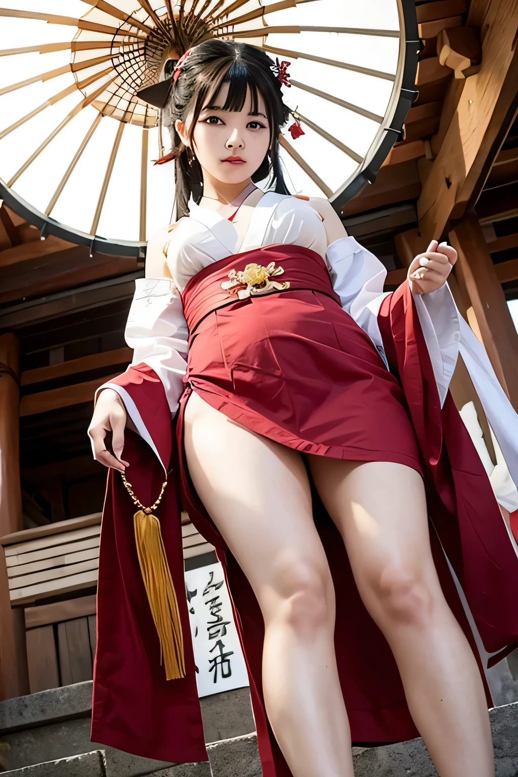 (8K, HDR, High resolution), ((((Full body photo,Raw photo, Hyperrealism, masterpiece, highest quality, ultra High resolution)))), (Pin Light, Backlight,Cinematic Light), (((日本のShrine maidenの衣装,Shrine maiden,Red Hakama,日本のShrine maiden風),Japanese-style room,Sitting with legs apart,Camel Toe,Panties digging into pussy)), (Hyper Detail, finely), 1 Korean Idol, (((Shooting from below,I can see her pussy through the gap in her hakama,Angle to see the pussy:1.3))),A provocative smile,Archaic Smile,Ahegao,Beautiful Goddess,Small, plump lips, Straight and cute nose, A little redness on the cheekbones,Long and beautiful eyelashes, Narrow waist,Perfect Style,Very heavy chest,Huge breasts,Huge breastsの谷間,Cleavage