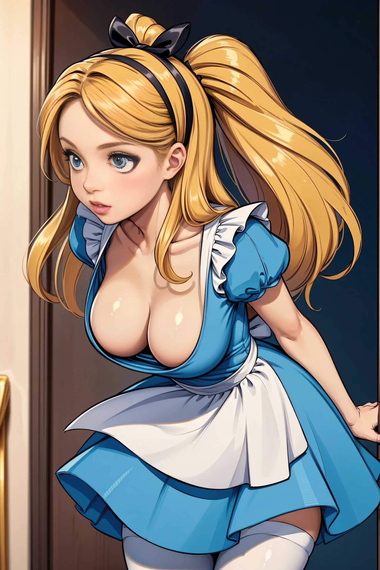 masterpiece, 1girl, solo, make her a sexy Alice in Wonderland with blonde hair, powder blue dress with white apron, white stockings, cleavage, dynamic, ultra high def, 32k, (perfect anatomy:1.5), perfect legs, in the style of Artgerm and Adam Hughes, perfect arms, downblouse