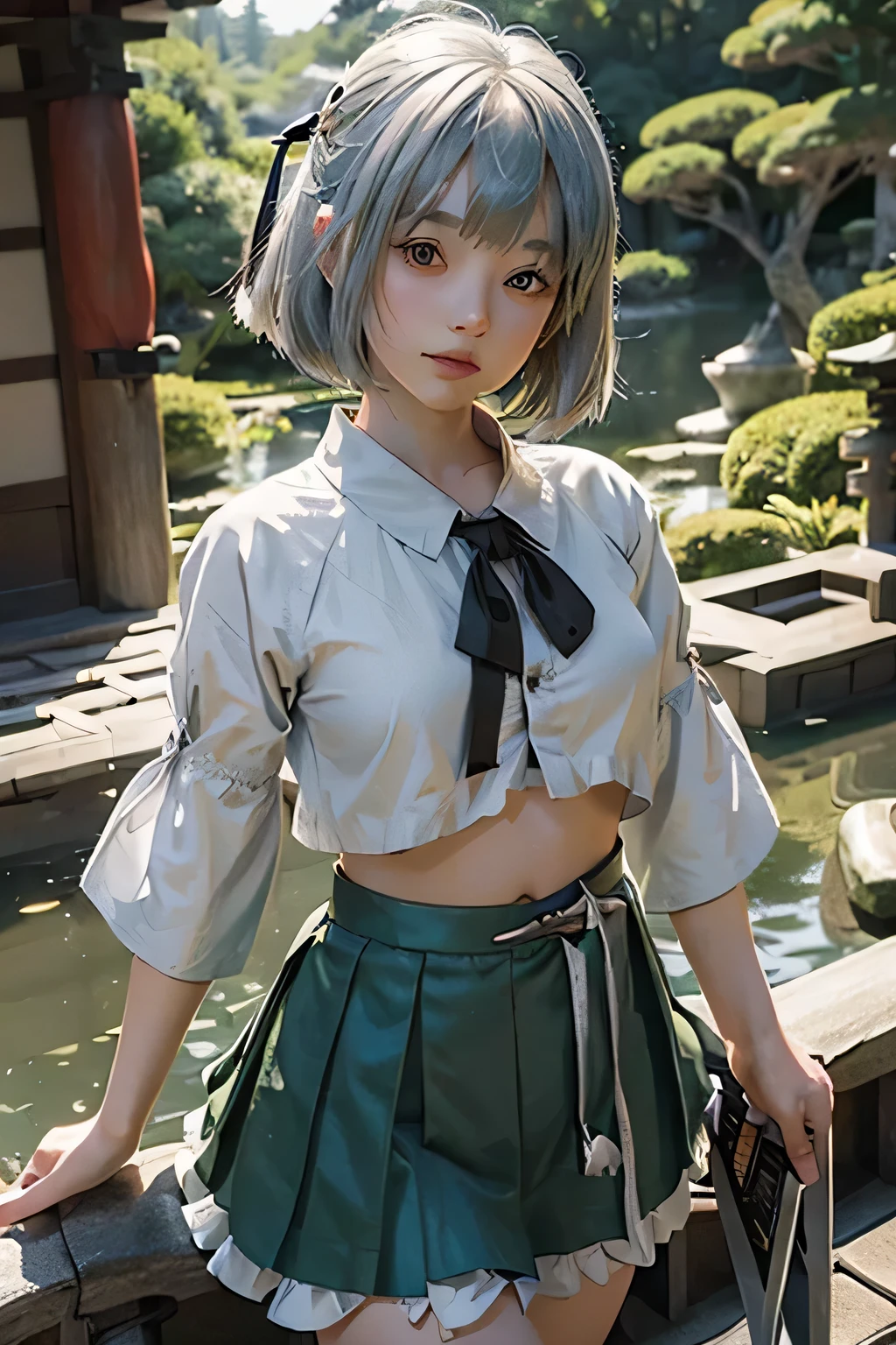 best quality、Raw photo (((18 year old female)))、1 girl、(((Soul Dreams)))、(((touhou project)))、(See here)、(((looking at viewer)))、(((silver hair)))、(((bangs)))、(((short bob)))、(((black ribbon)))、(((White collar)))、(((belly button)))、(((Green skirt)))、(((Japanese sword)))、BREAK、(((Japanese garden)))
