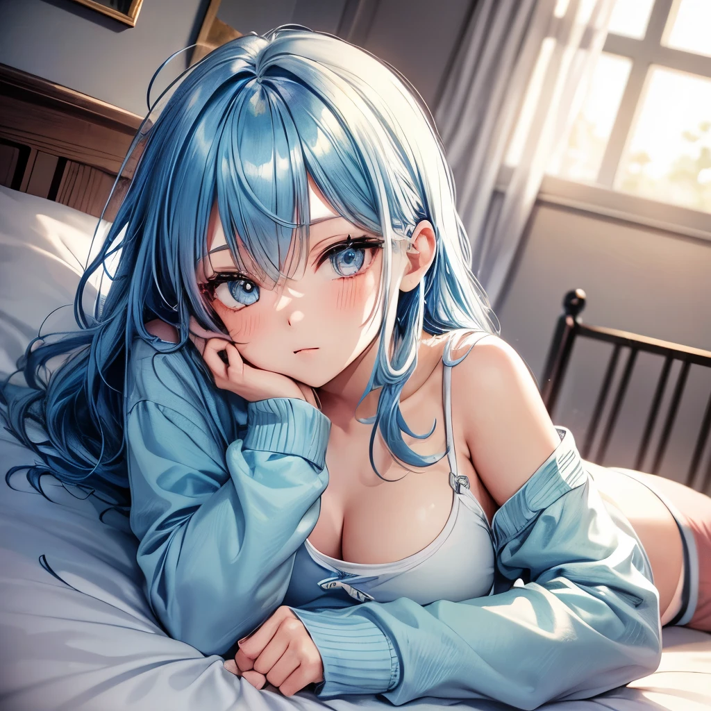 1girl, bluenette hair, light blue hair, next door girl, sleepy, lazy, bed, laying in bed, relaxing, lazy day, comfy outfit