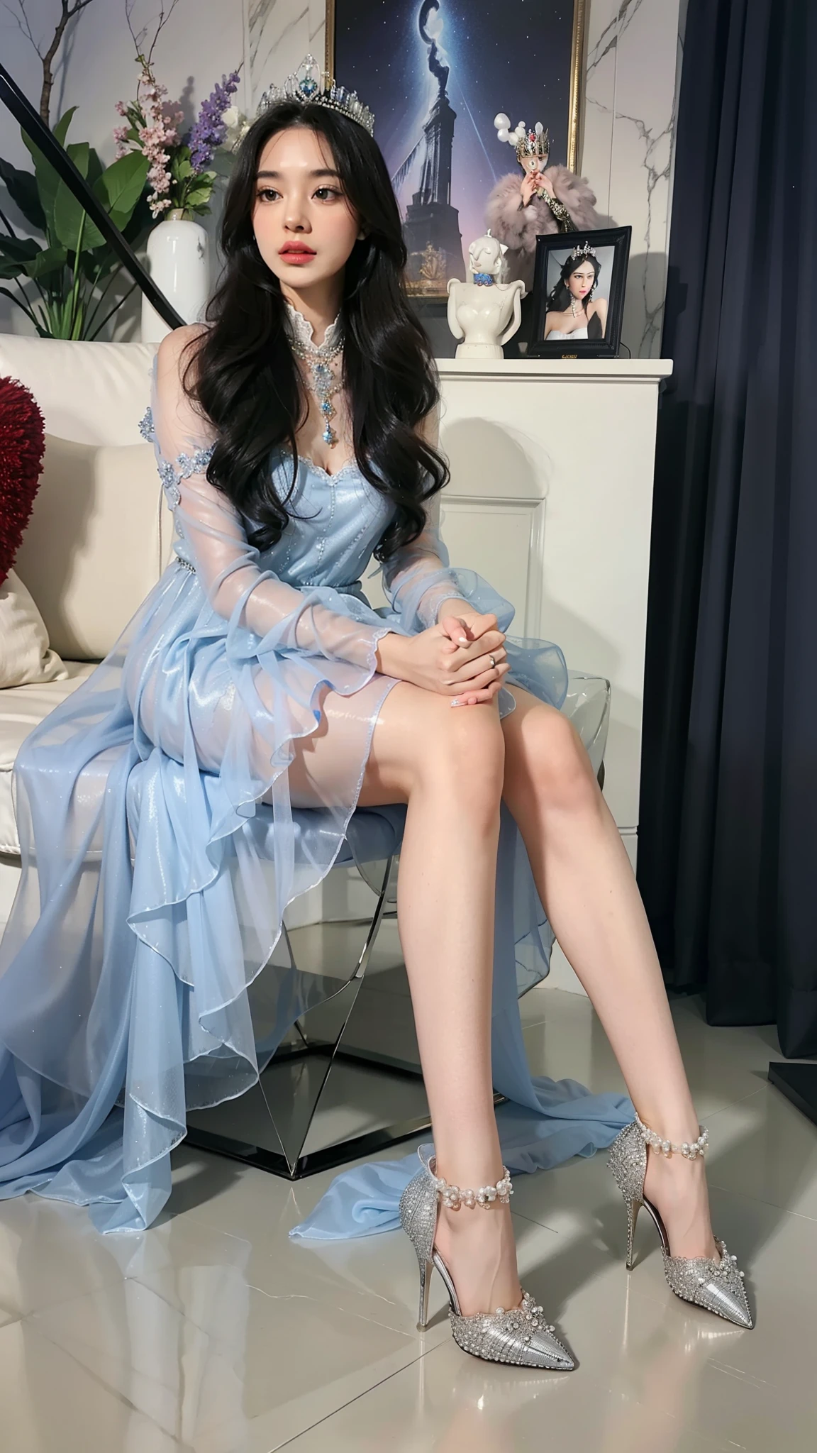 Sheer tulle miniskirt，Live TV shows, Sitting in a chair in the studio reading a manuscript, milf, female announcer, Facing the camera，urban cave, Black long hair,（Straddling，Focus on the crotch:1.4 ，Heavy ，Plump thighs，Spread your legs left and right,Dynamic poses，Bare feet，),