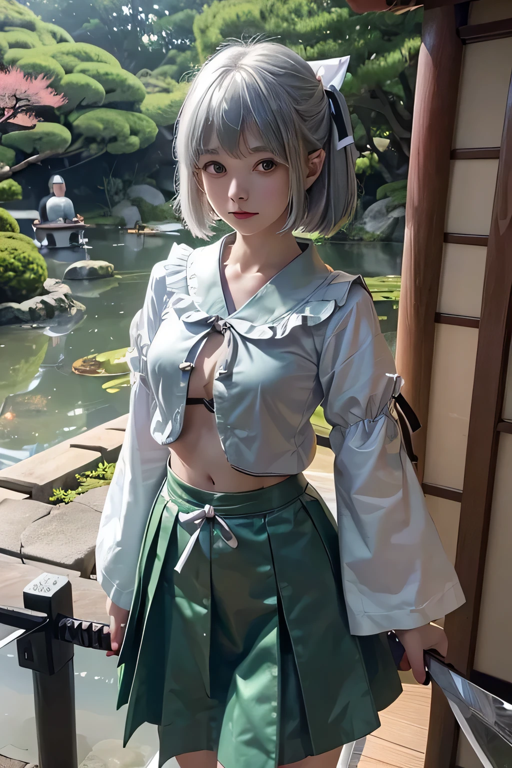 best quality、Raw photo (((18 year old female)))、1 girl、(((Soul Dreams)))、(((touhou project)))、(See here)、(((looking at viewer)))、(((silver hair)))、(((bangs)))、(((short bob)))、(((black ribbon)))、(((White collar)))、(((belly button)))、(((Green skirt)))、(((Japanese sword)))、BREAK、(((Japanese garden)))