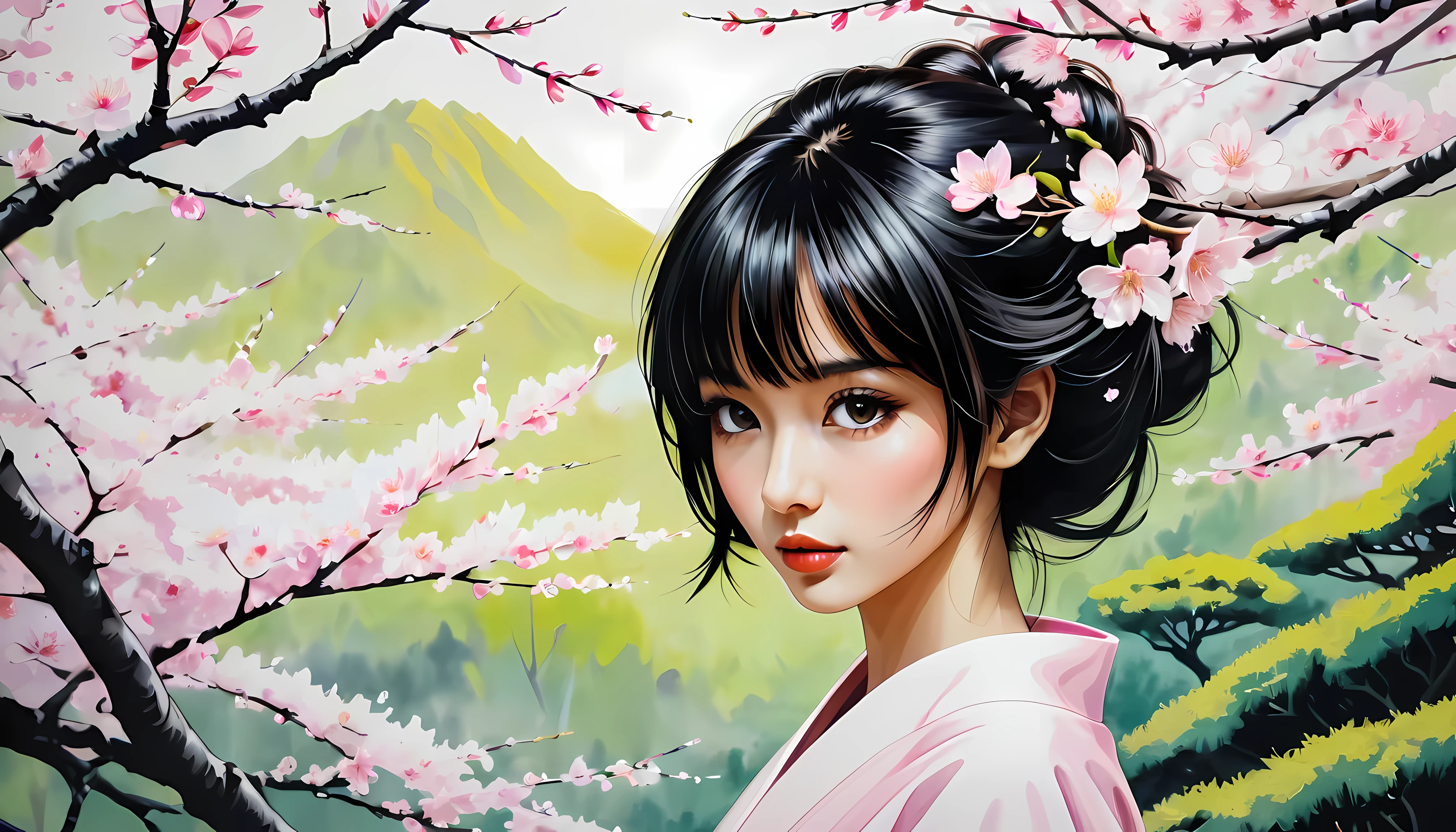 ((Close Up):1.2), Outline with black ink, smooth lines; Express expressions and postures through ink contrast, The background is a sakura garden. emphasize light, shadow and space. Drawing of Supermodel Japanese Beauty. Black hair, (messy bangs hairstyle), ((fresh)), golden ratio face, perfect face, (attractive body), (fashion model body), wearing maiden robe, fine art piece, figurative art, Dress neatly. sexy painting, Wallop | (best quality, 4K, 8k, high resolution,masterpiece:1.2), Super detailed,(actual, photoactual, photo-actual:1.37).