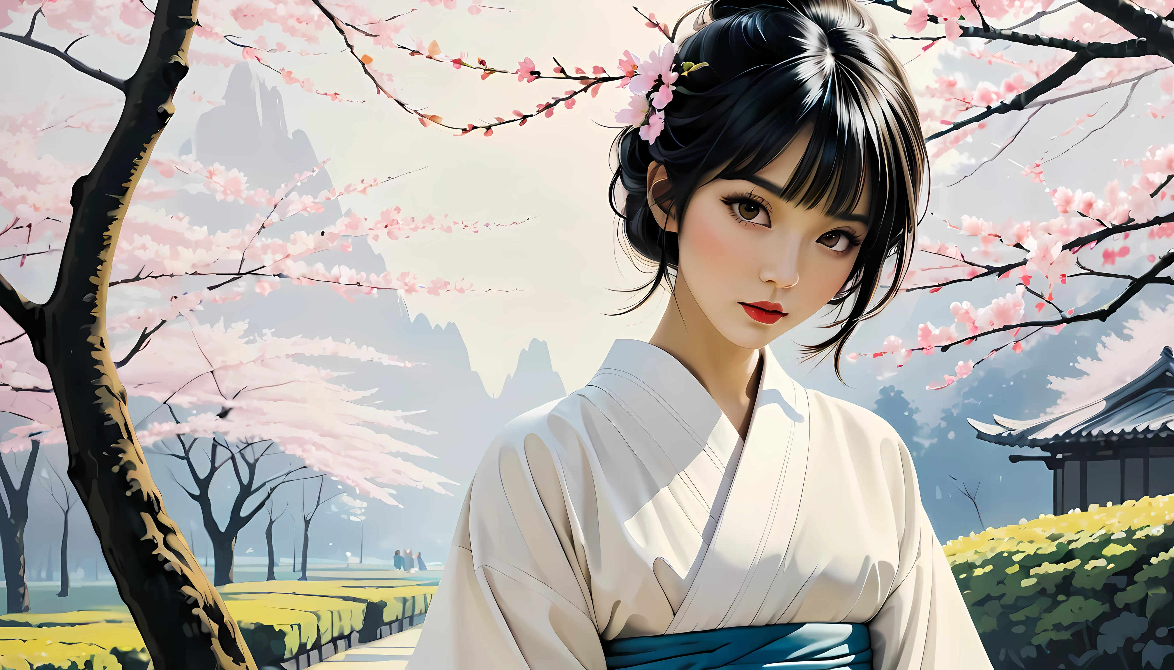 smooth lines; Express expressions and postures through ink contrast, The background is a sakura garden. emphasize light, shadow and space. Drawing of Supermodel Japanese Beauty. Black hair, (messy bangs hairstyle), ((fresh)), golden ratio face, perfect face, (attractive body), (fashion model body), wearing maiden robe, fine art piece, figurative art, Dress neatly. sexy painting, Wallop | (best quality, 4K, 8k, high resolution,masterpiece:1.2), Super detailed,(actual, photoactual, photo-actual:1.37).