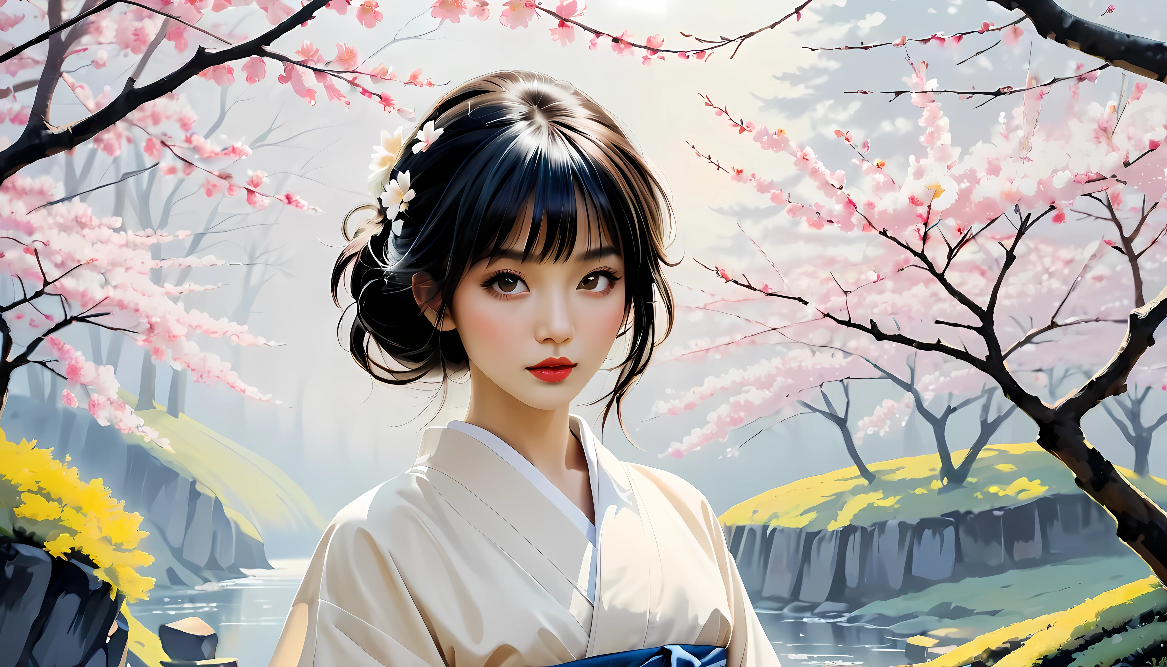 smooth lines; Express expressions and postures through ink contrast, The background is a sakura garden. emphasize light, shadow and space. Drawing of Supermodel Japanese Beauty. Black hair, (messy bangs hairstyle), ((fresh)), golden ratio face, perfect face, (attractive body), (fashion model body), wearing maiden robe, fine art piece, figurative art, Dress neatly. sexy painting, Wallop | (best quality, 4K, 8k, high resolution,masterpiece:1.2), Super detailed,(actual, photoactual, photo-actual:1.37).