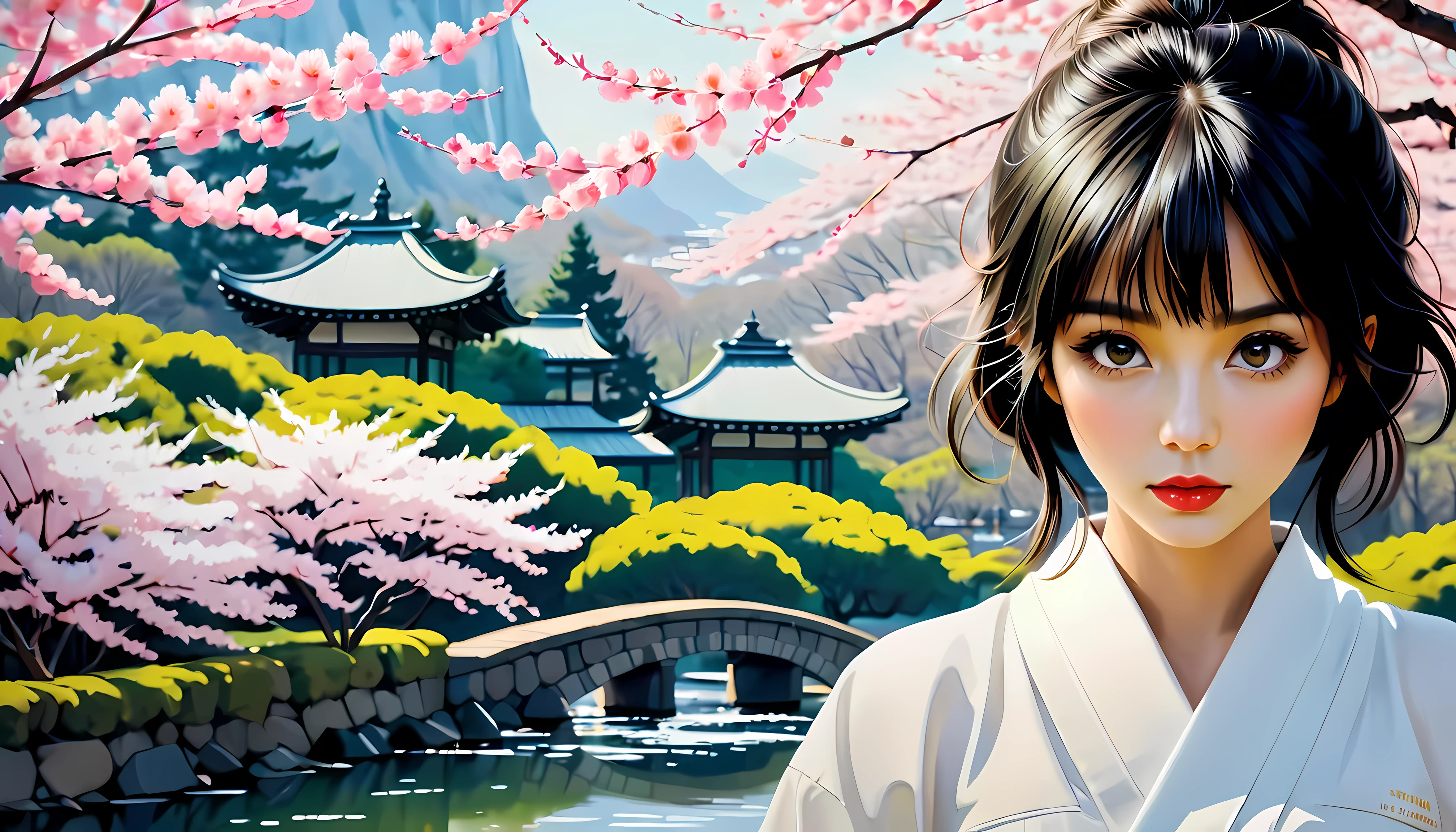 smooth lines; Express expressions and postures through ink contrast, The background is a sakura garden. emphasize light, shadow and space. Drawing of Supermodel Japanese Beauty. Black hair, (messy bangs hairstyle), ((fresh)), golden ratio face, perfect face, (attractive body), (fashion model body), wearing maiden robe, fine art piece, figurative art, Dress neatly. sexy painting, Wallop | (best quality, 4K, 8k, high resolution,masterpiece:1.2), Super detailed,(actual, photoactual, photo-actual:1.37).