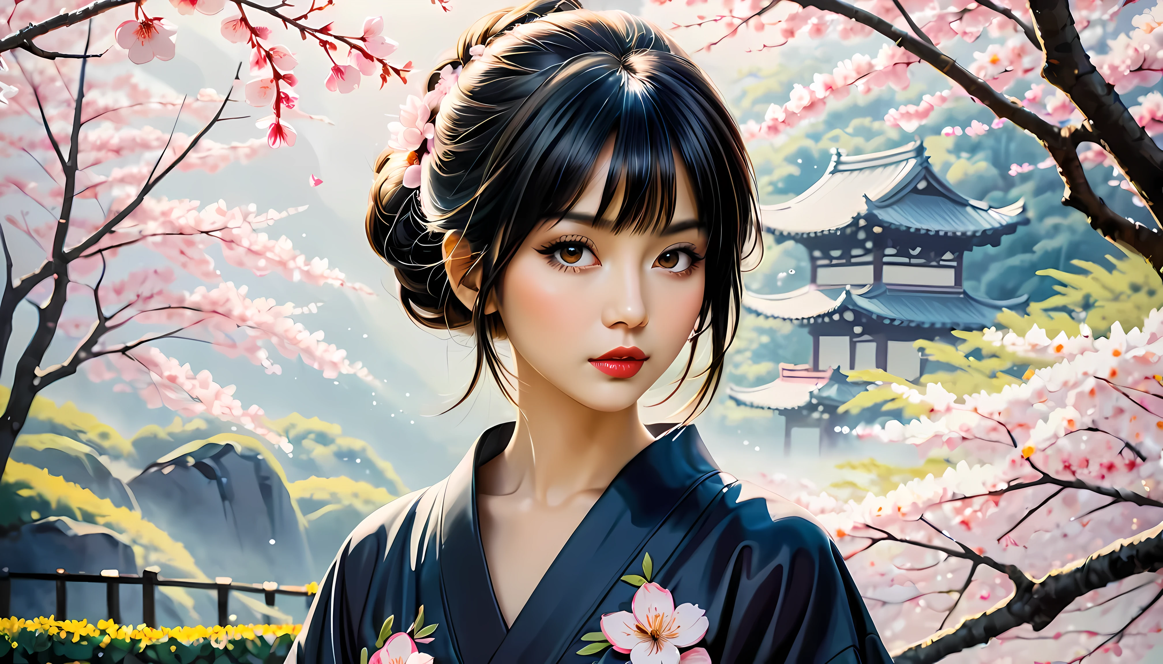 smooth lines; Express expressions and postures through ink contrast, The background is a sakura garden. emphasize light, shadow and space. Drawing of Supermodel Japanese Beauty. Black hair, (messy bangs hairstyle), ((fresh)), golden ratio face, perfect face, (attractive body), (fashion model body), wearing maiden robe, fine art piece, figurative art, Dress neatly. sexy painting, Wallop | (best quality, 4K, 8k, high resolution,masterpiece:1.2), Super detailed,(actual, photoactual, photo-actual:1.37).