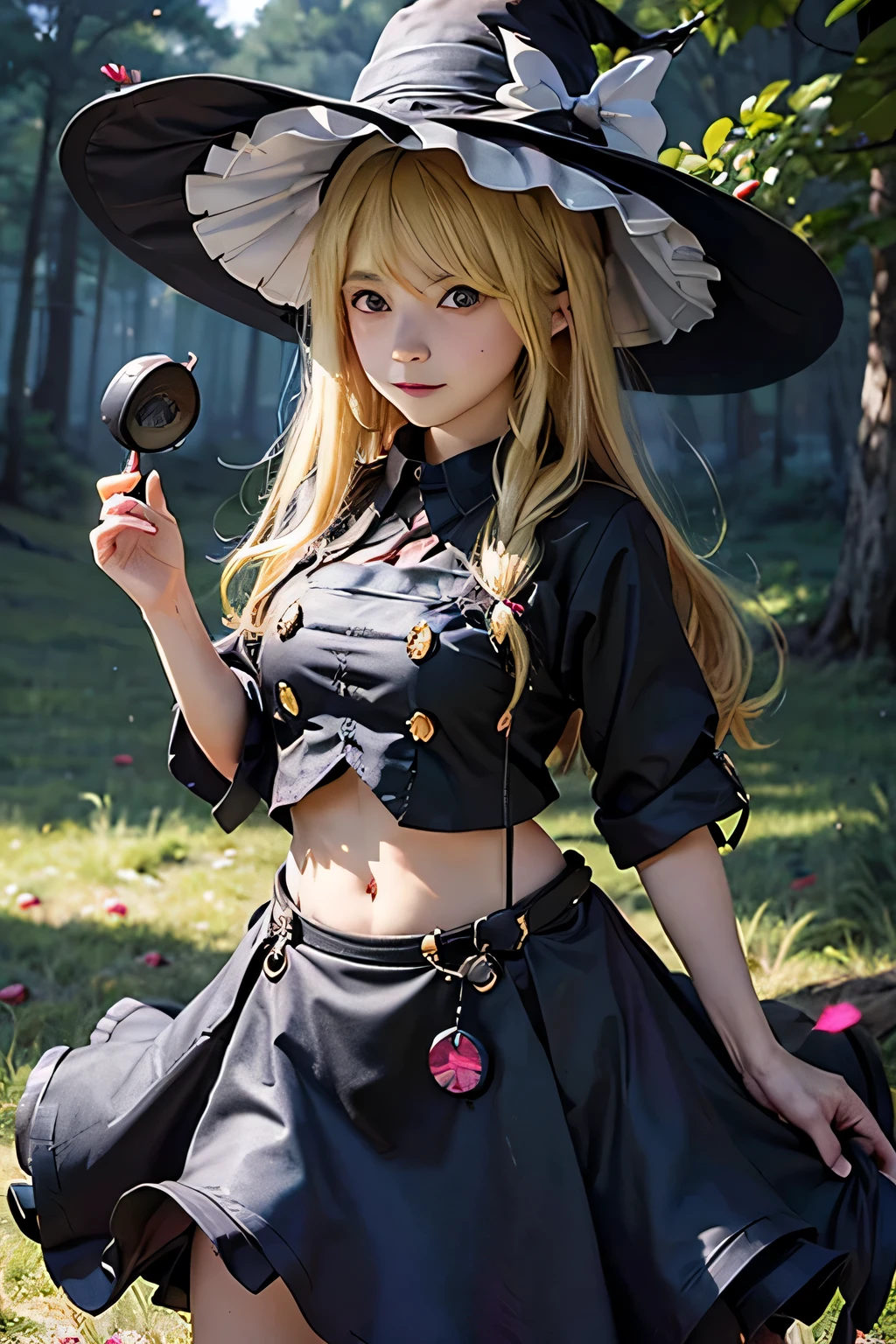 best quality、Raw photo (((18 year old female)))、1 girl、Marisa Drizzle、touhou project、(See here)、(((looking at viewer)))、(((bright blonde)))、(((Black Witch's Hat)))、(((open shirt)))、(((belly button)))、(((black skirt)))、forest、sunny