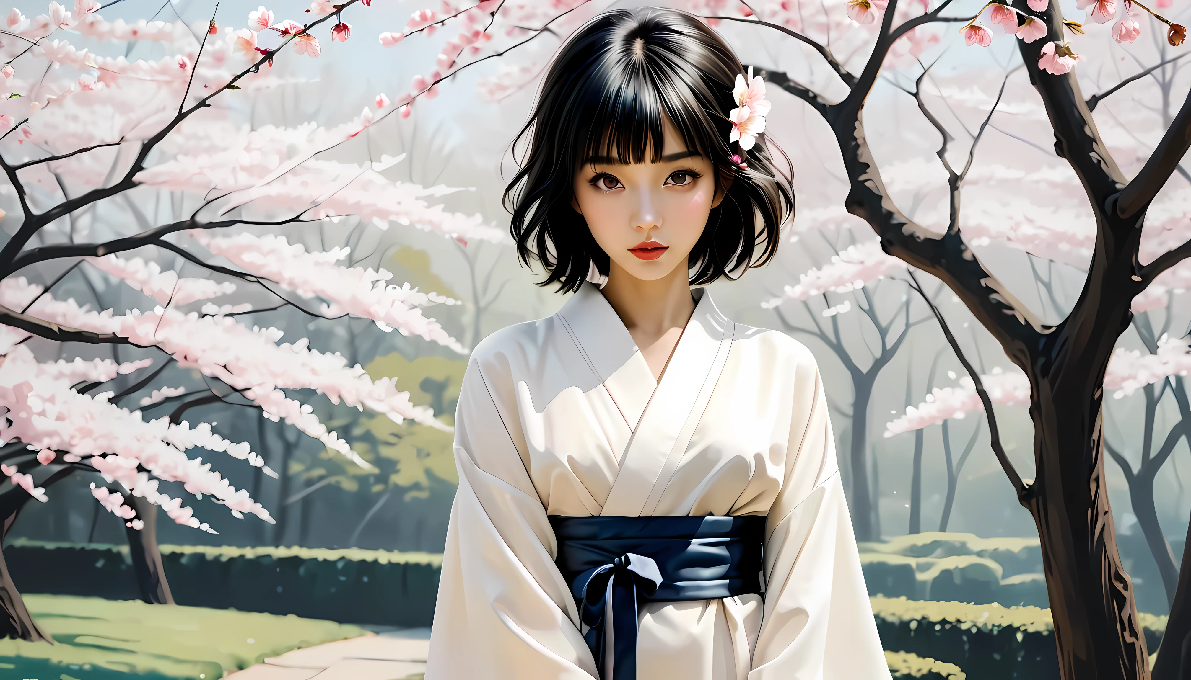 ((full body):1.2), smooth lines; Express expressions and postures through ink contrast, The background is a sakura garden. emphasize light, shadow and space. Drawing of Supermodel Japanese Beauty. Black hair, (messy bangs hairstyle), ((fresh)), golden ratio face, perfect face, (attractive body), (fashion model body), wearing maiden robe, fine art piece, figurative art, Dress neatly. sexy painting, Wallop | (best quality, 4K, 8k, high resolution,masterpiece:1.2), Super detailed,(actual, photoactual, photo-actual:1.37).