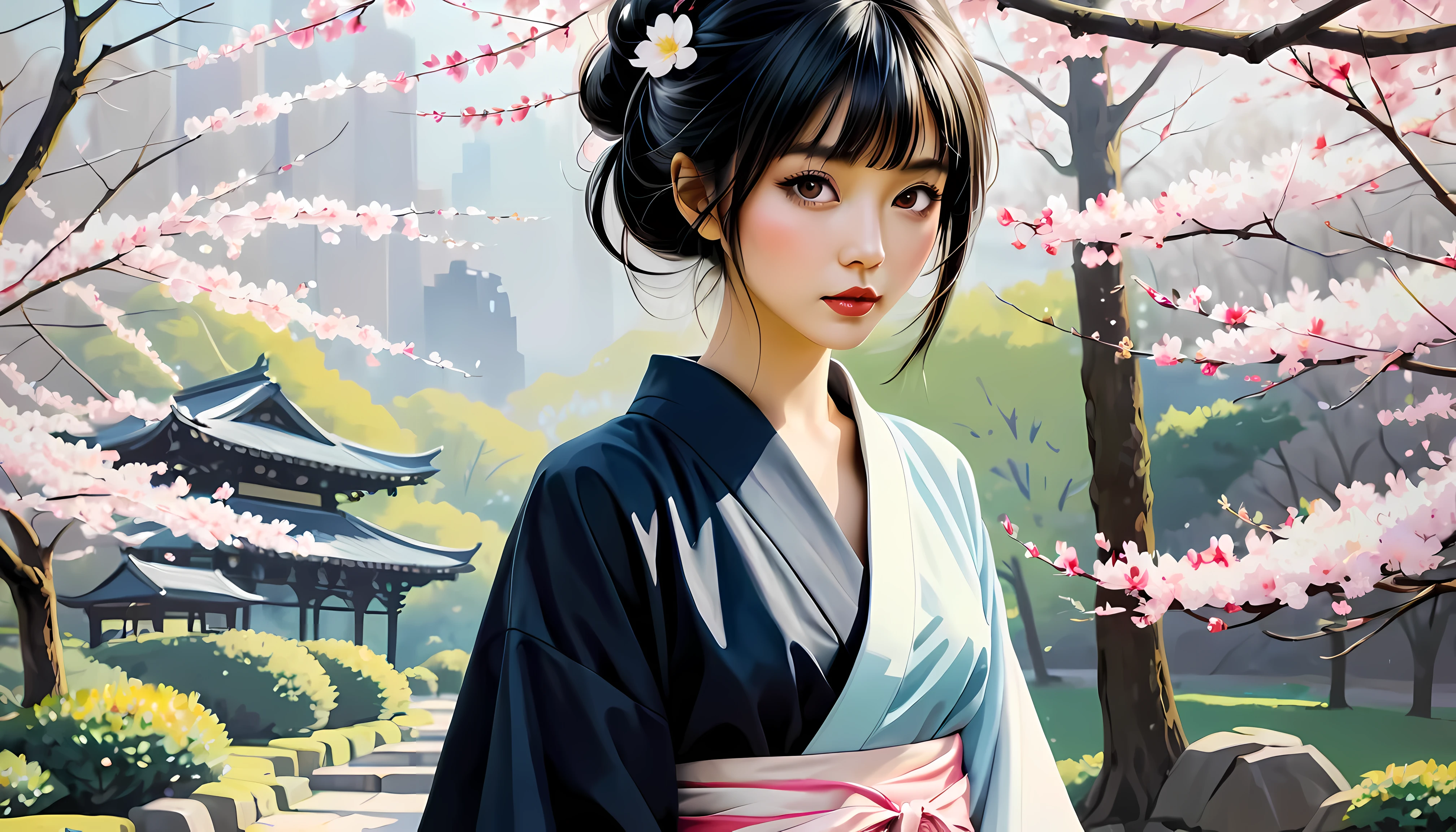 ((full body):1.2), smooth lines; Express expressions and postures through ink contrast, The background is a sakura garden. emphasize light, shadow and space. Drawing of Supermodel Japanese Beauty. Black hair, (messy bangs hairstyle), ((fresh)), golden ratio face, perfect face, (attractive body), (fashion model body), wearing maiden robe, fine art piece, figurative art, Dress neatly. sexy painting, Wallop | (best quality, 4K, 8k, high resolution,masterpiece:1.2), Super detailed,(actual, photoactual, photo-actual:1.37).