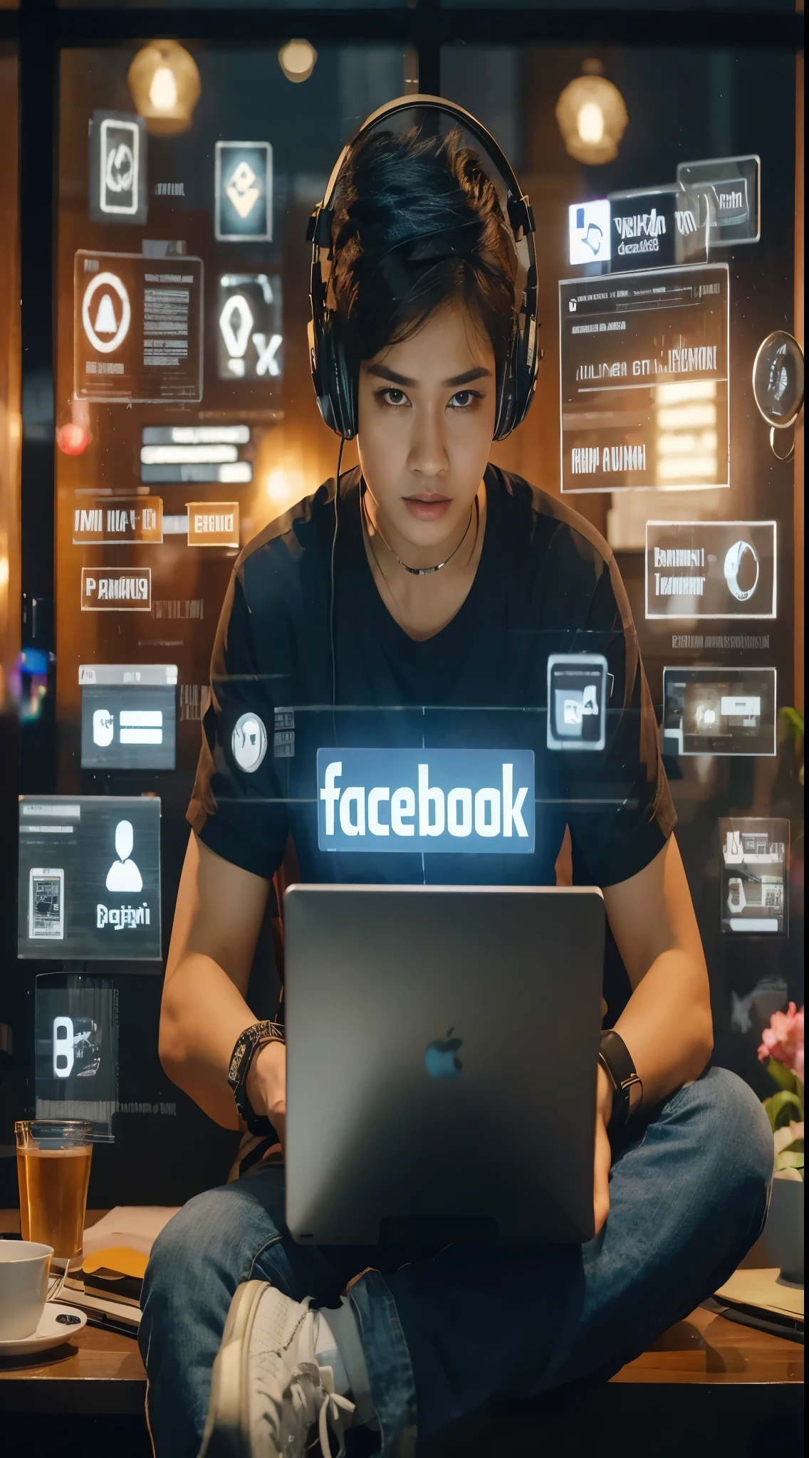 Sebuah gambar yang menunjukkan seorang pria asia berwajah melayu pekerja kreatif yang sedang mengerjakan laptop dengan headphone di telinga. Dia mengenakan kaos berwarna hitam, celana jeans dan sepatu putih. Di sebelahnya ada tampilan digital yang mirip dengan antarmuka Facebook, Whatsapp ,Tik Tok dengan berbagai ikon dan teks. Latar belakangnya adalah ruangan di malam hari dengan pencahayaan hangat. Ada name tag yang bertuliskan 'March Ten', Pe Bisnis, Design AI, Social Forum Dusan ACH, Whatsapp, Facebook dan Tik Tok Poool. resolusi 8k, HD, kamera High quality.