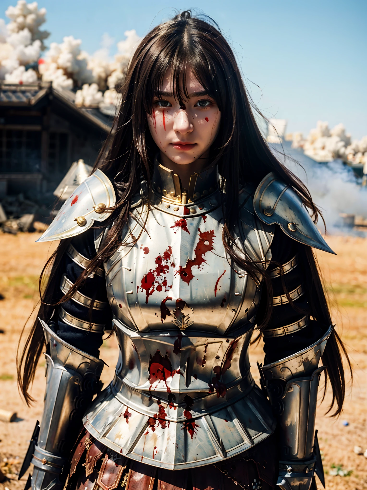 (((Realistic, masterpiece, best quality, crisp detail, high definition, high detail, sharp focus))), 17 years old girl wearing heavy armor, golden armor, japan style armor, full body armor, decorated armor, long straight hair, dirty, sweating, bloodstained face, blood scattered armor, bloodbath, carnage, long blood scattered sword, an epic war, fire everywhere, smoke everywhere, blood everywhere, death everywhere, war zone, war background