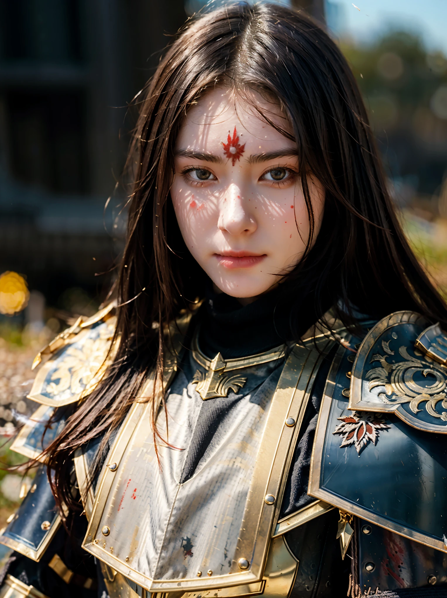 (((Realistic, masterpiece, best quality, crisp detail, high definition, high detail, sharp focus))), ************ girl wearing heavy armor, golden armor, japan style armor, full body armor, decorated armor, long straight hair, dirty, sweating, bloodstained face, bloodstained armor, blood scattered, bloodbath, carnage, long bloodstained sword, in epic war, fire and smoke everywhere, death anywhere