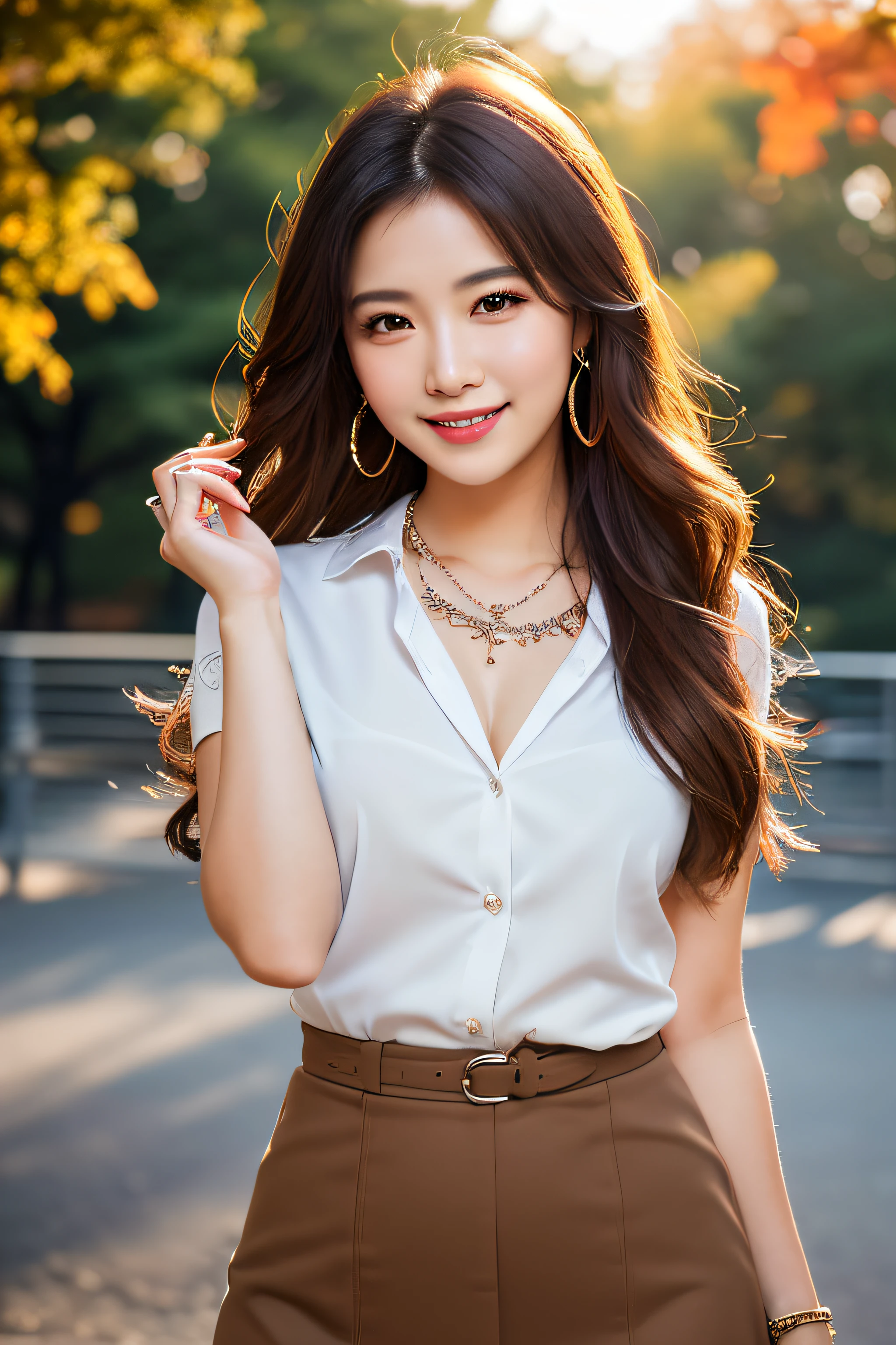 ((on the table)), ((best quality)), (Super detailed), illustration, ((Very detailed)), (Detailed eyes), (Detailed facial features), (Detailed fingers), (Detailed clothing features), 8k, (beautiful), ((kawaii)), Lovely, (charming), (wave your arms:1.3), (Cowboy shooting:1.3), beautiful woman, Japanese, 28 years old, alone, (office suit:1.3), (mini skirt), (stockings:1.3), straight hair, beautiful light brown hair, beautiful black eyes, ((beautiful eyes)), long hair, white teeth, (hair accessories), earrings, necklace, Smile, New York, central park, night, autumn, lens flare, shining